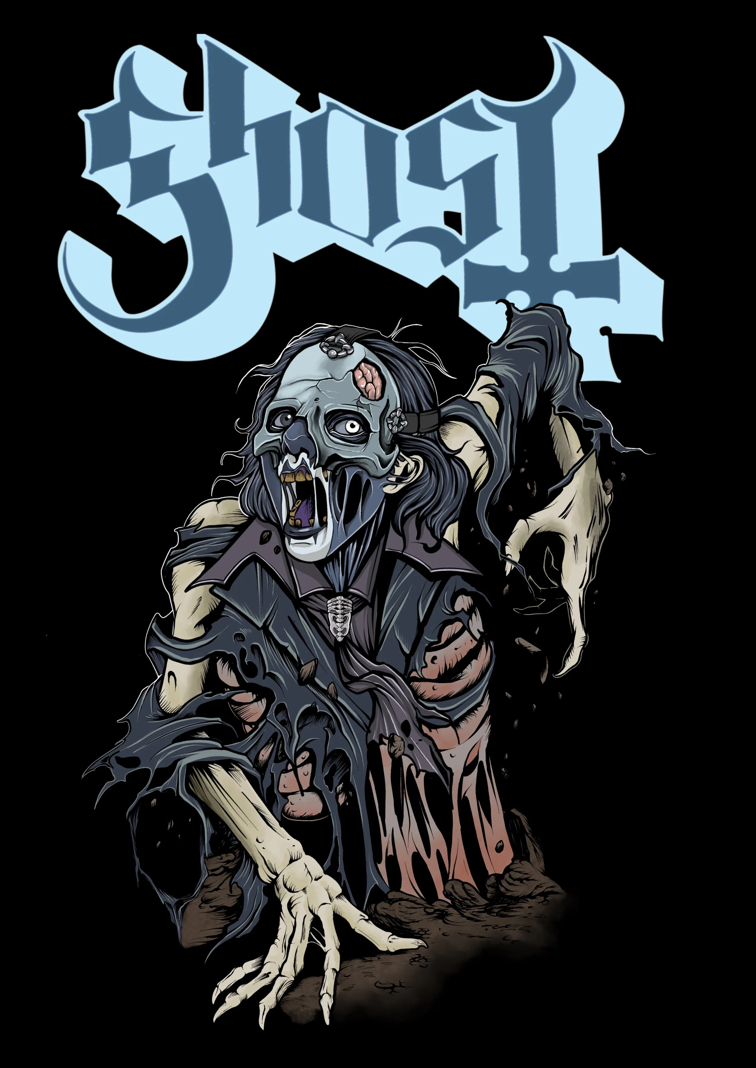T-shirt design for Swedish rock band Ghost. 2025 Global Merchandising Services
