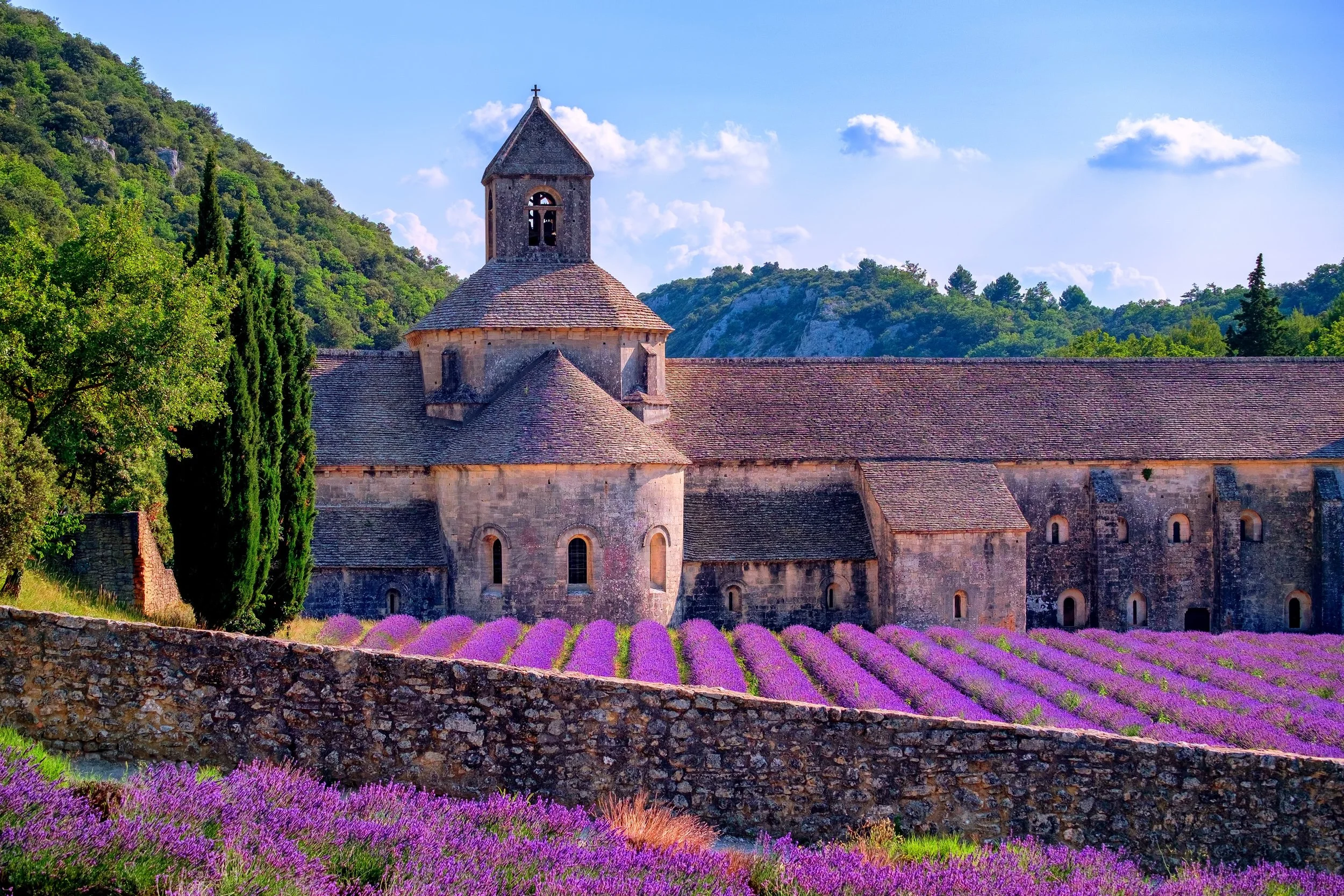 Our Pilates in Provence tour in June 2026 includes a visit to the sacred Abbaye de S&eacute;nanque, a stunning 12th-century Cistercian monastery nestled among rolling lavender fields. This ancient abbey, with its perfect Romanesque architecture set a
