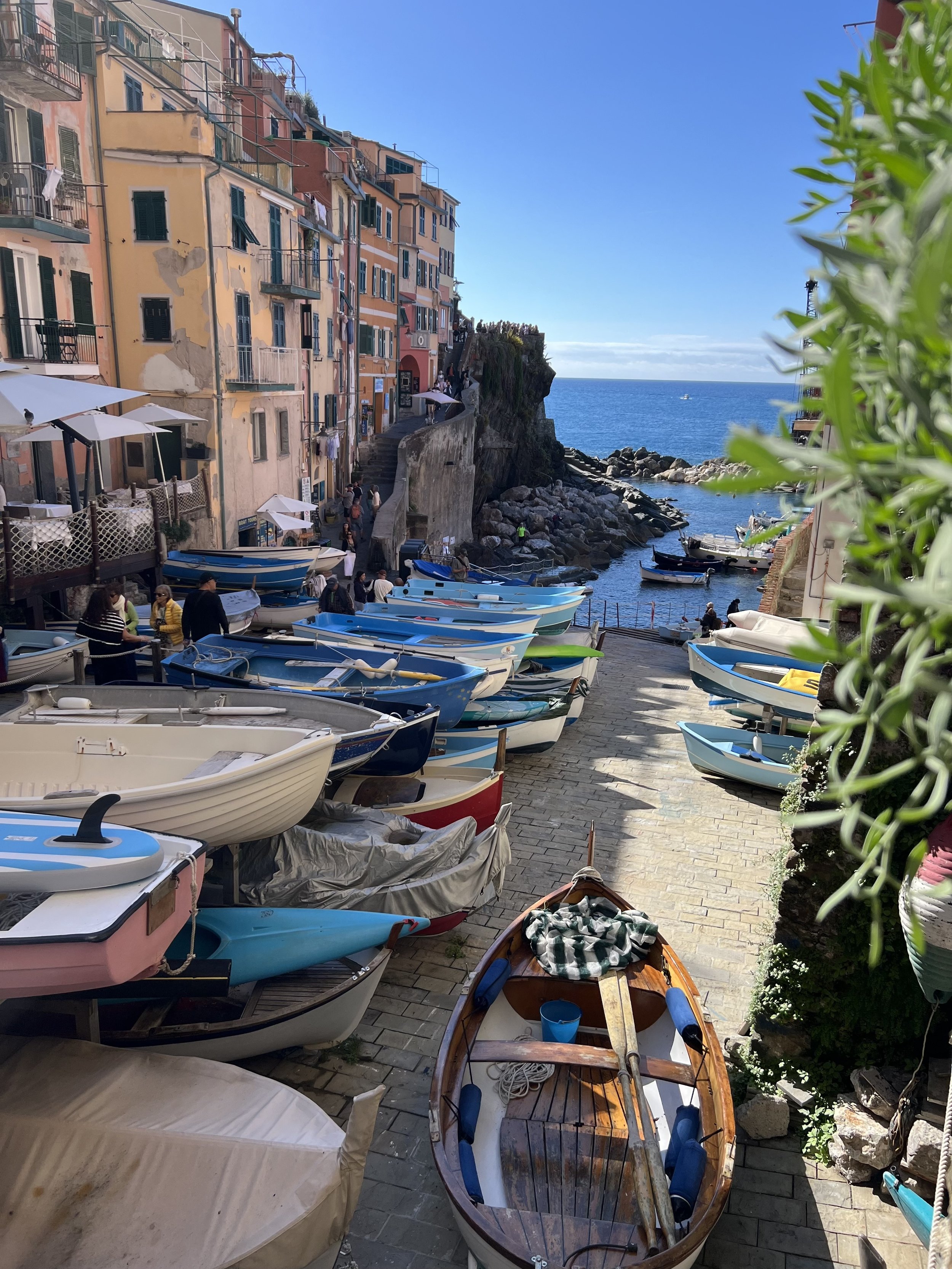 Colorful buildings along a seaside harbor with small boats docked and a rocky shoreline in the background.