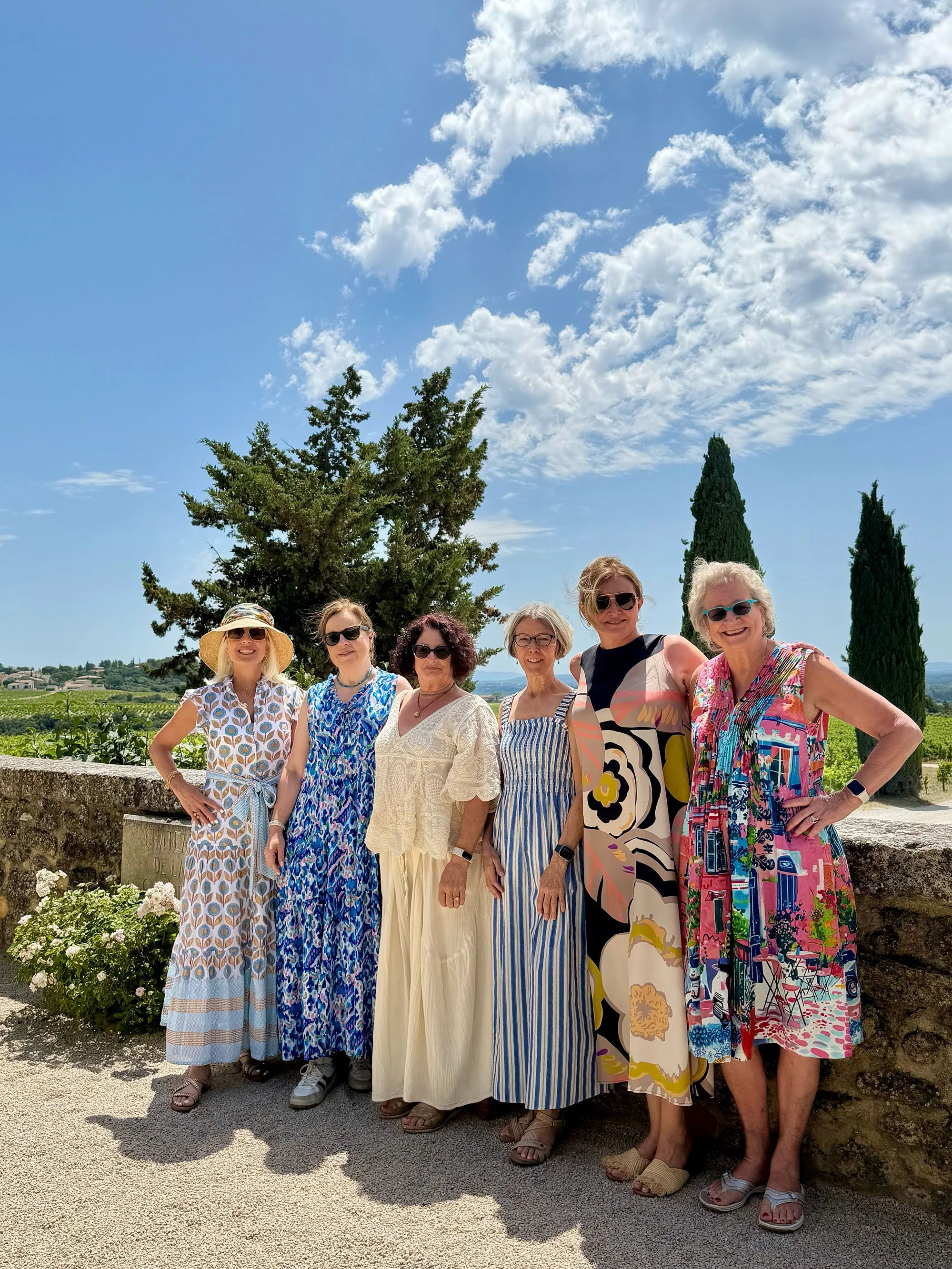 A group of nine women standing outdoors on a sunny day with blue sky and some clouds. They are dressed in colorful summer dresses and wearing sunglasses, with some wearing hats. There are trees and a distant landscape in the background.