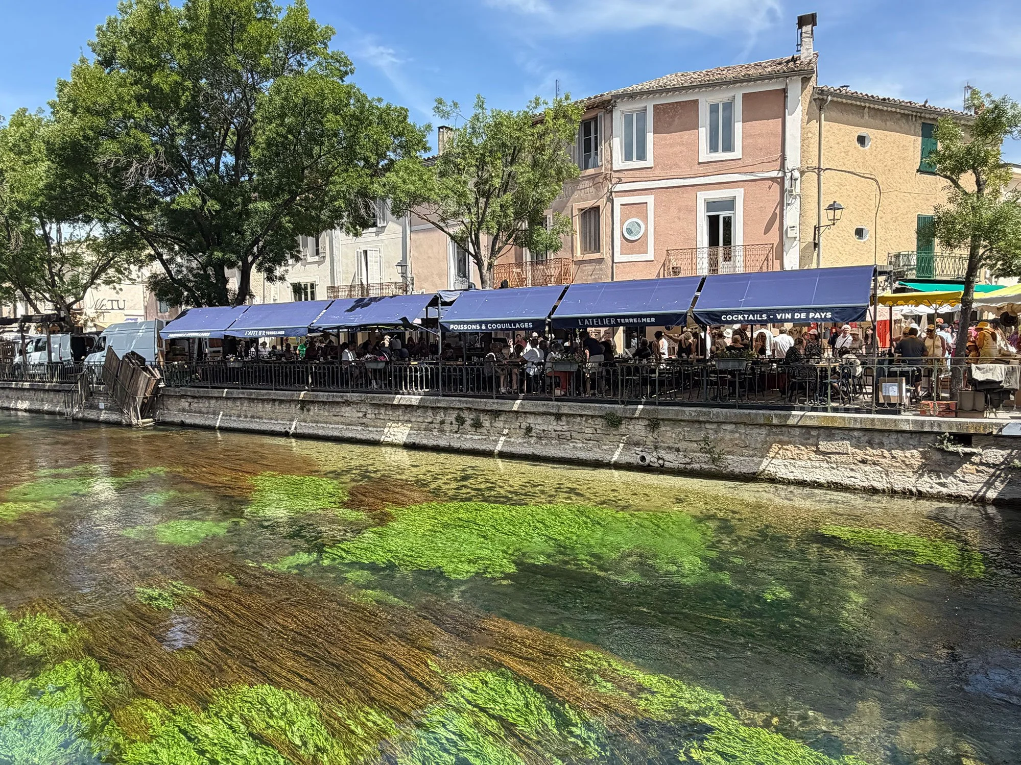 A riverside scene with a stone embankment, green algae or moss in the water, and a row of outdoor cafes or restaurants with blue awnings and patrons. Behind the cafes are colorful buildings and trees, under a blue sky.