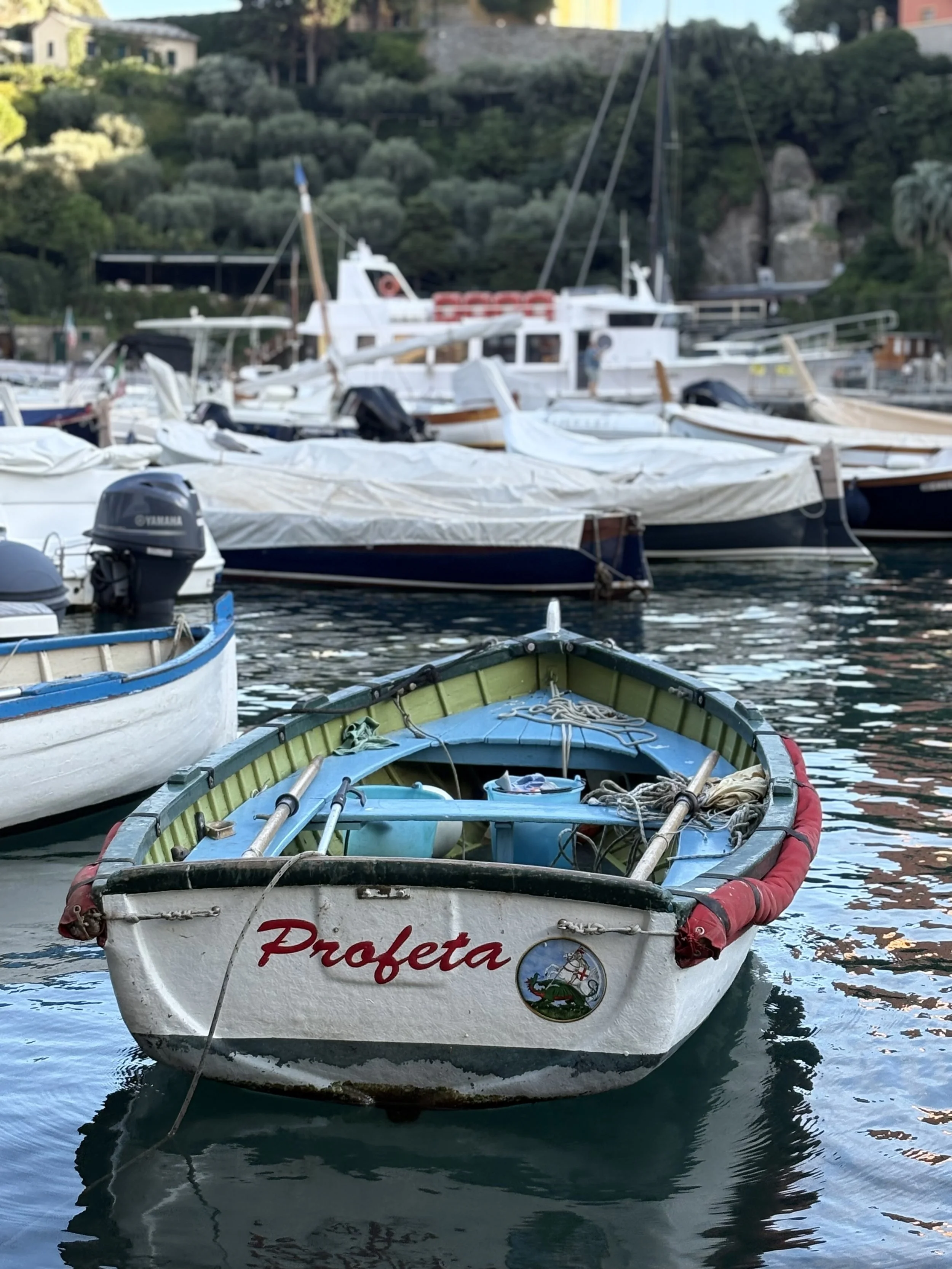 Small rowboat named Profeta floating in a marina with larger boats and yachts docked in the background.