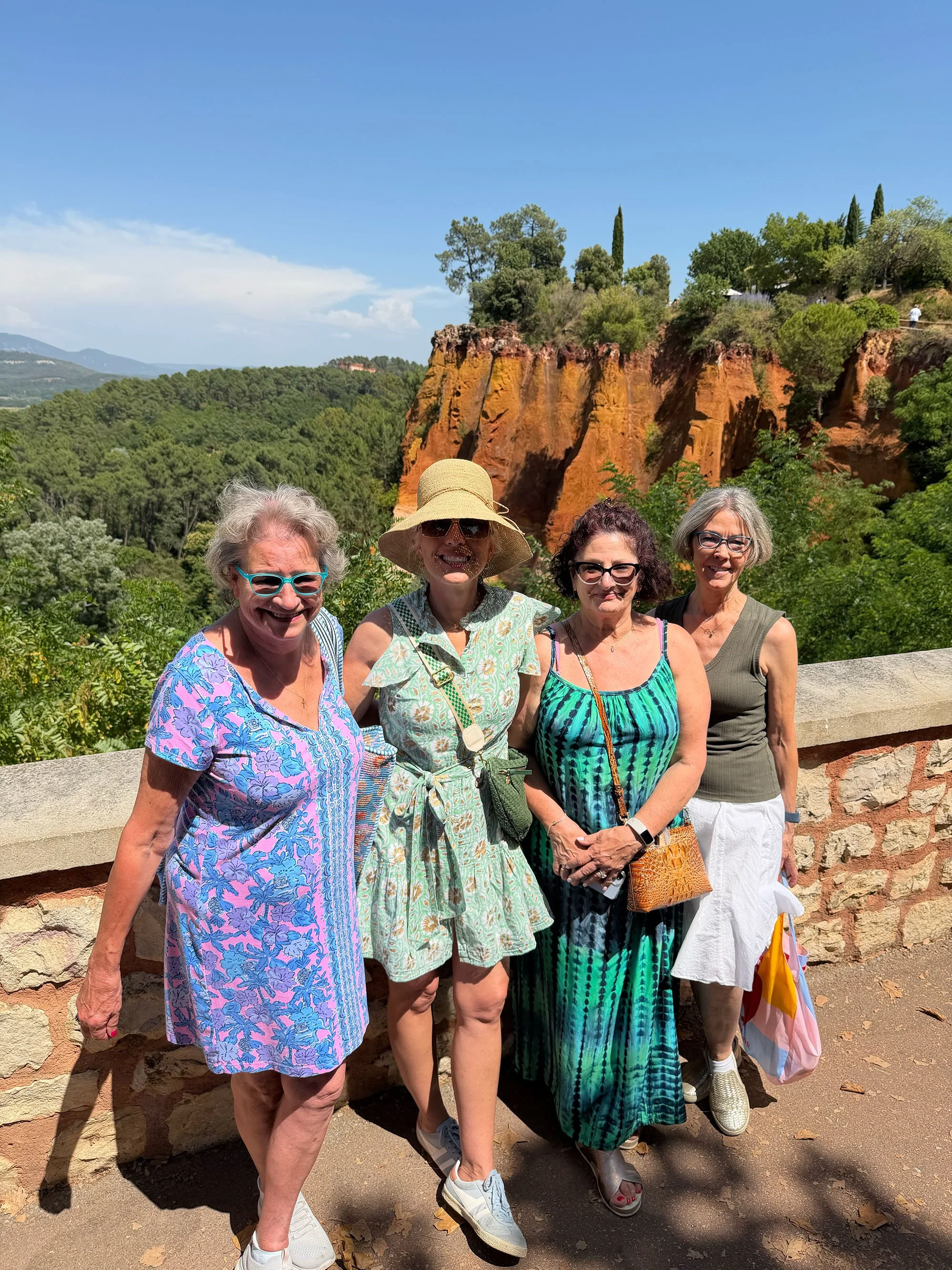Four women standing outdoors near a stone railing with a scenic backdrop of green trees, reddish-orange cliffs, and a blue sky with some clouds.