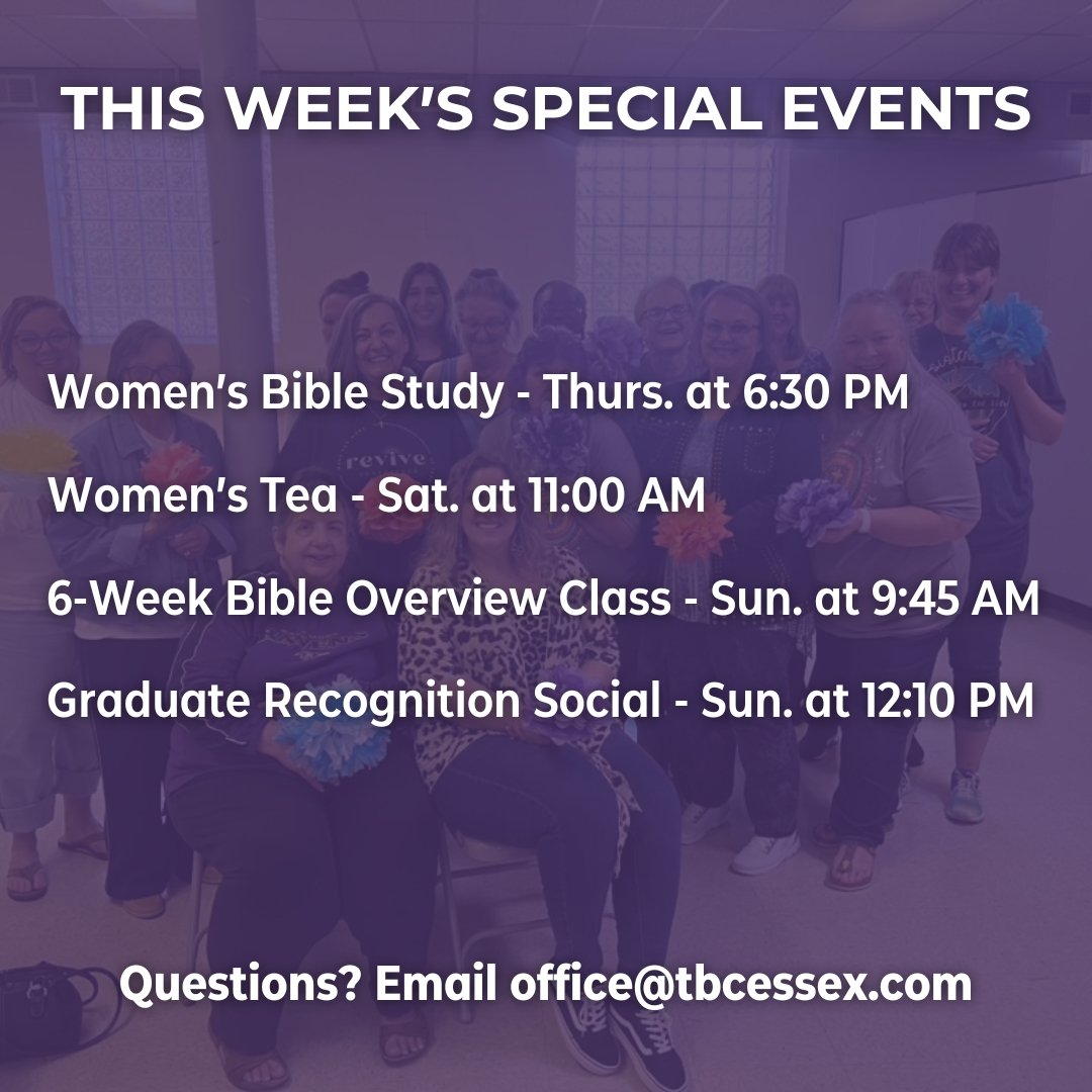 In addition to our regular small groups and Bible studies, here's what's special about this week at Tabernacle!