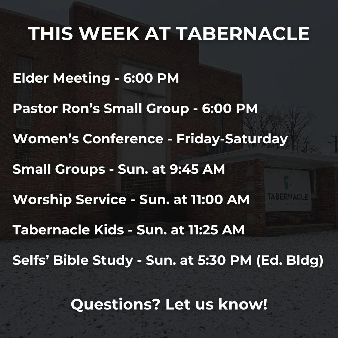 We're looking forward to a great week at Tabernacle!

We'll be studying John 15:18-16:15 on Sunday, and singing some fantastic songs together - be listening before Sunday!