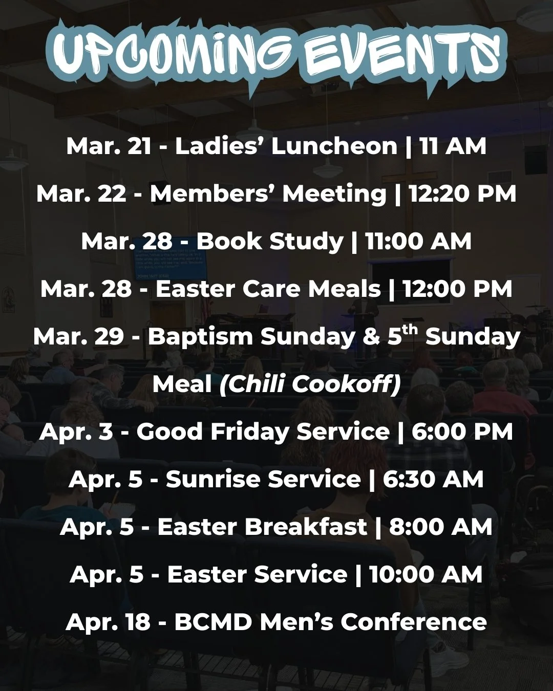 The upcoming month at Tabernacle is PACKED with some amazing opportunities for service, fellowship, worship, and fun!

If you have questions about any event, comment below, or send us a message!