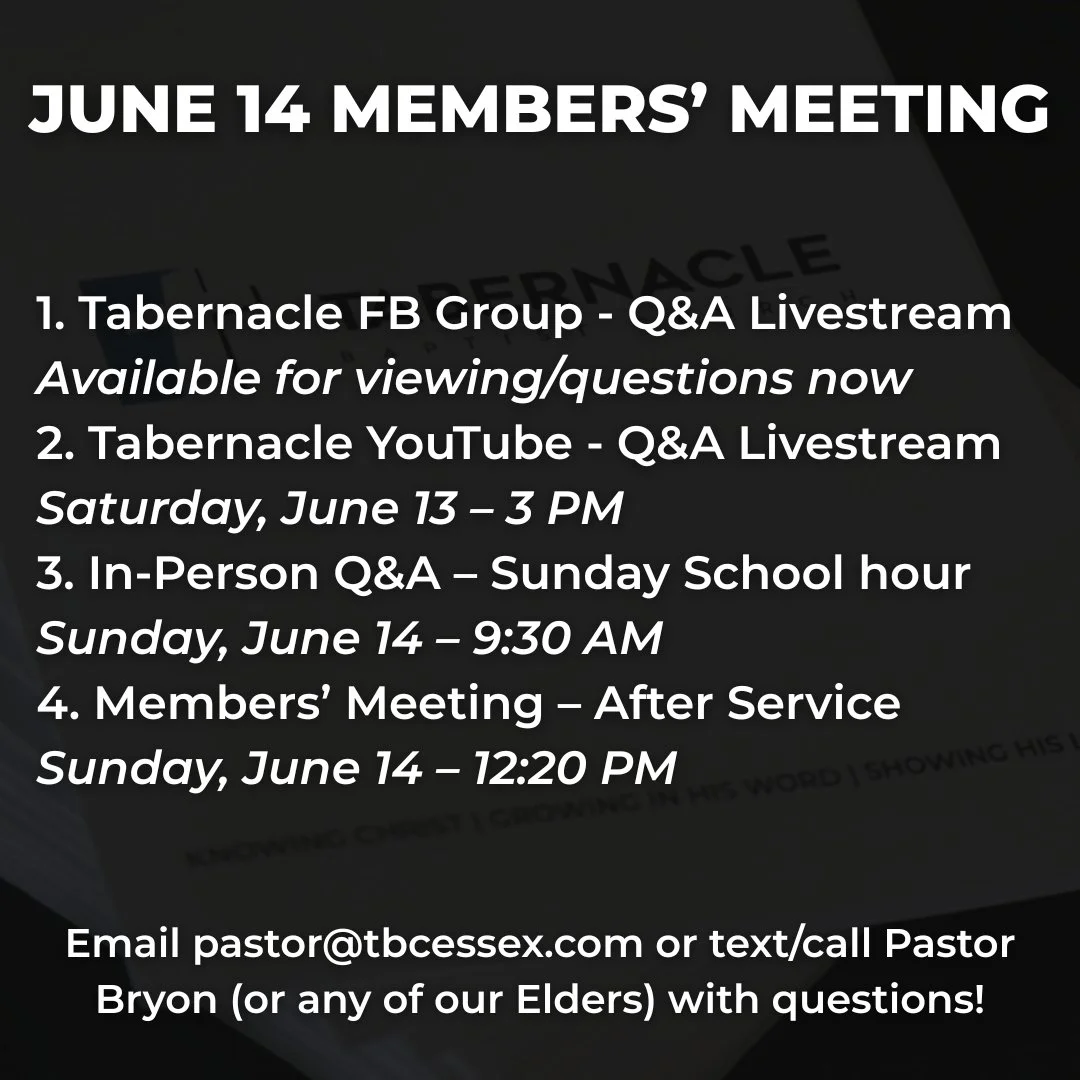 For Tabernacle's covenant members, we've got a Members' Meeting on June 14 - and we've got SEVERAL opportunities for you to think/talk through any and all questions, thoughts, ideas, concerns, hopes, &amp; dreams you have!

We *strongly* encourage yo
