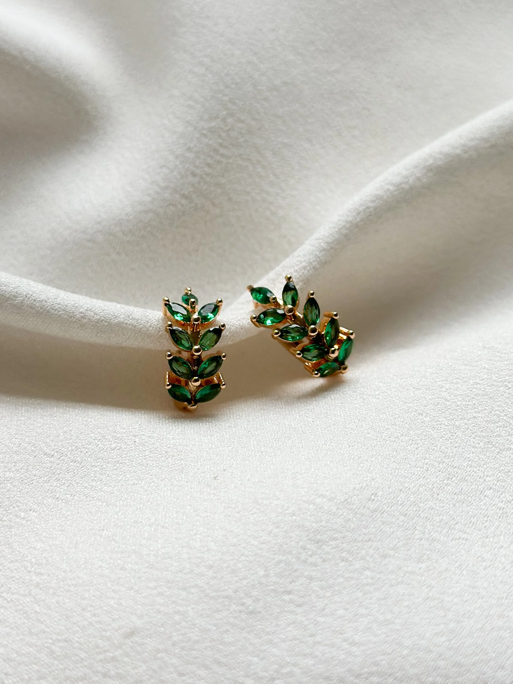 18k Gold CZ Green Vine Huggies Hoop