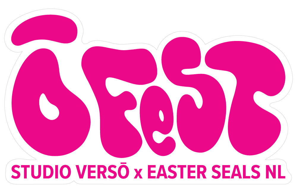 Pink stylized text spelling 'Easter' with smaller text below that reads 'Studio Versø x Easter Seals NL'.