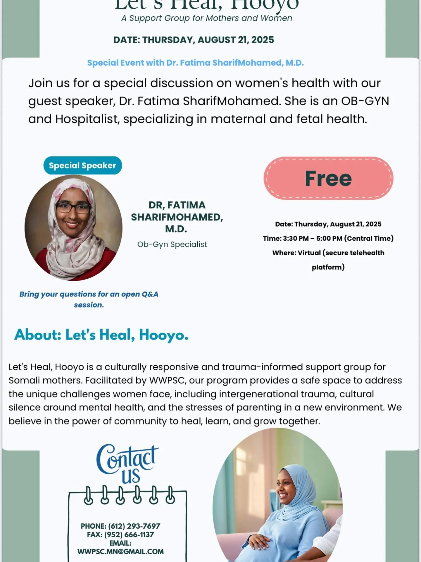 🌿 Let&rsquo;s Heal, Hooyo 🌿

A safe space for Somali women and mothers to breathe, heal, and grow together every Thursday.

🫶🏽 Because our Women deserve healing, not just survival.
In our Let&rsquo;s Heal, Hooyo program, we unlearn silence, relea