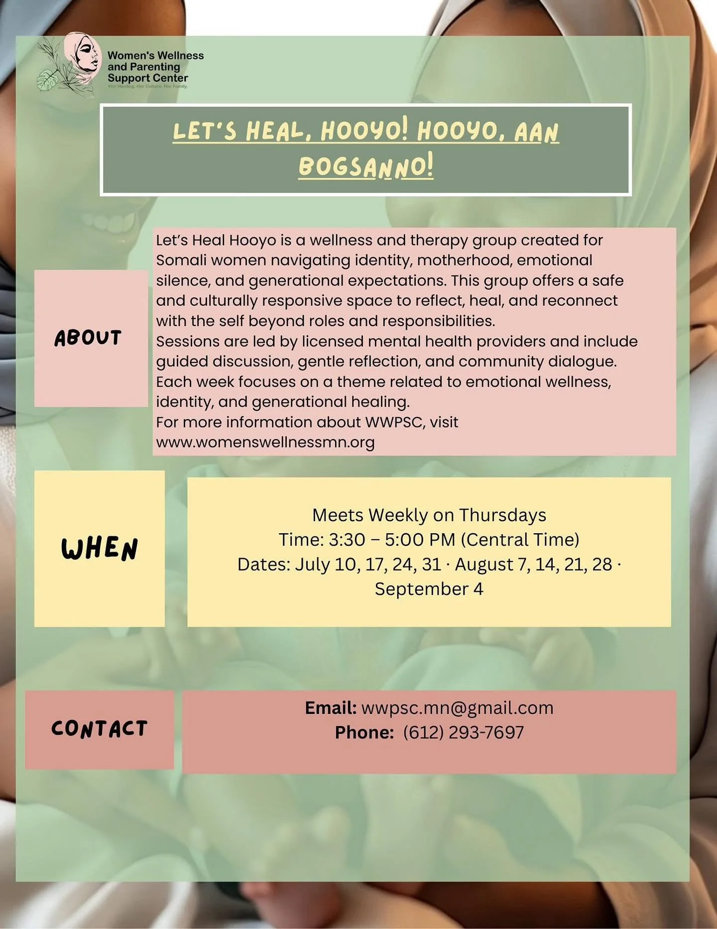 Let&rsquo;s Heal Hooyo is a virtual wellness and therapy group for Somali women navigating identity, motherhood, emotional silence, and generational expectations. This weekly group offers a safe and culturally responsive space to reflect, heal, and r