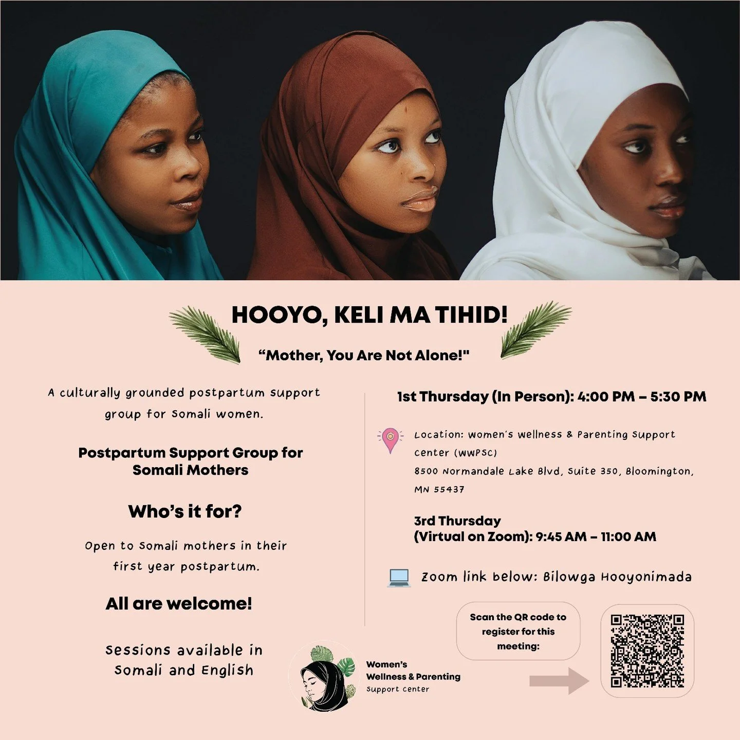 🤱🏾 Hooyo, Keli Ma Tihid &ndash; &ldquo;Mother, You Are Not Alone&rdquo; 🤱🏾
Postpartum can be overwhelming. You don&rsquo;t have to navigate it alone. This culturally grounded support group is here to walk beside you.

🌸 1st Thursday (In Person):
