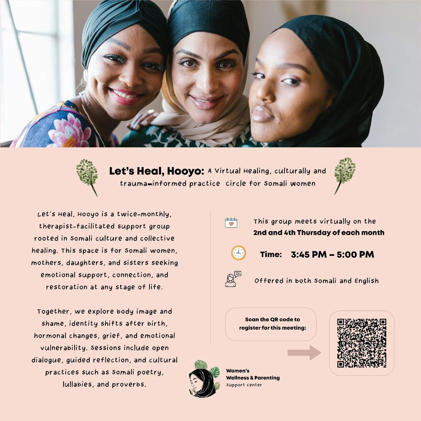 ✨ A virtual healing circle for Somali women ✨
We&rsquo;re back! &ldquo;Let&rsquo;s Heal, Hooyo&rdquo; is a twice-monthly virtual support group rooted in Somali culture, storytelling, and collective healing. This sacred space is for Somali mothers, da