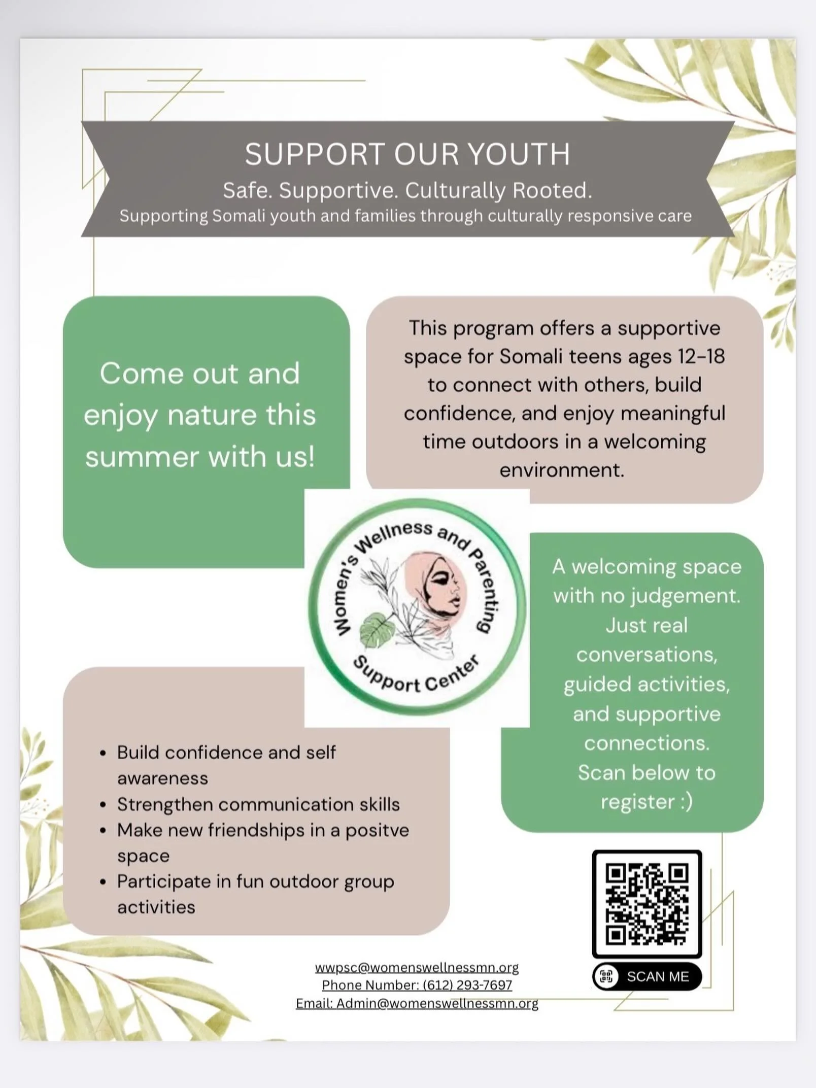🌿 Exciting news! WWPSC is launching Support Our Youth this summer! 🌞

A safe, supportive &amp; culturally rooted space for Somali teens ages 12&ndash;18 to connect, grow &amp; enjoy nature together! 🌱

✨ Build confidence

💬 Strengthen communicati