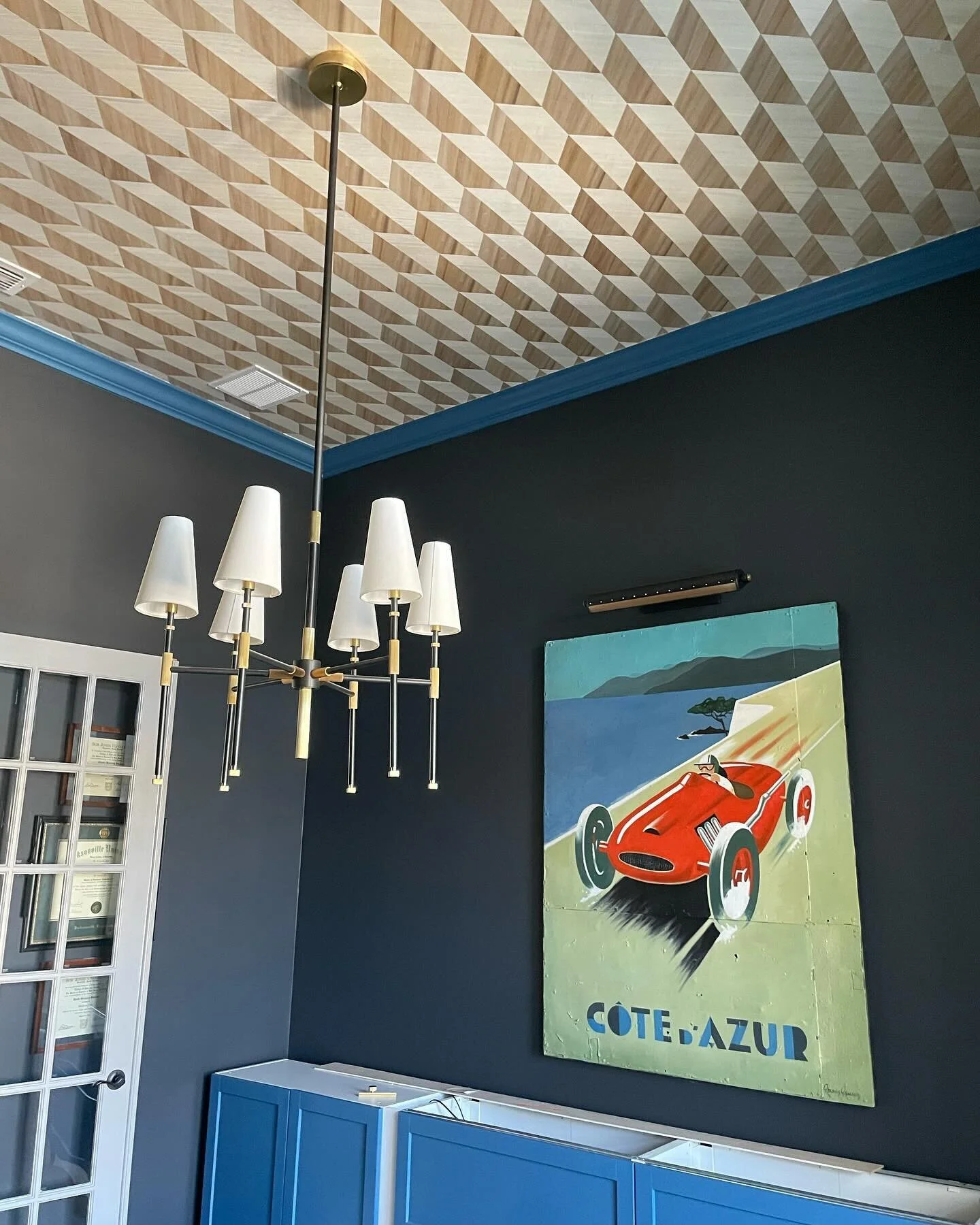 Yesterday was &ldquo;Wallpaper Wednesday&rdquo; with the talented @marisalynnstudios making her magic happen with this wood veneer wall covering that we added to the ceiling in this office. Counters and bookcases next and this office will finally be 