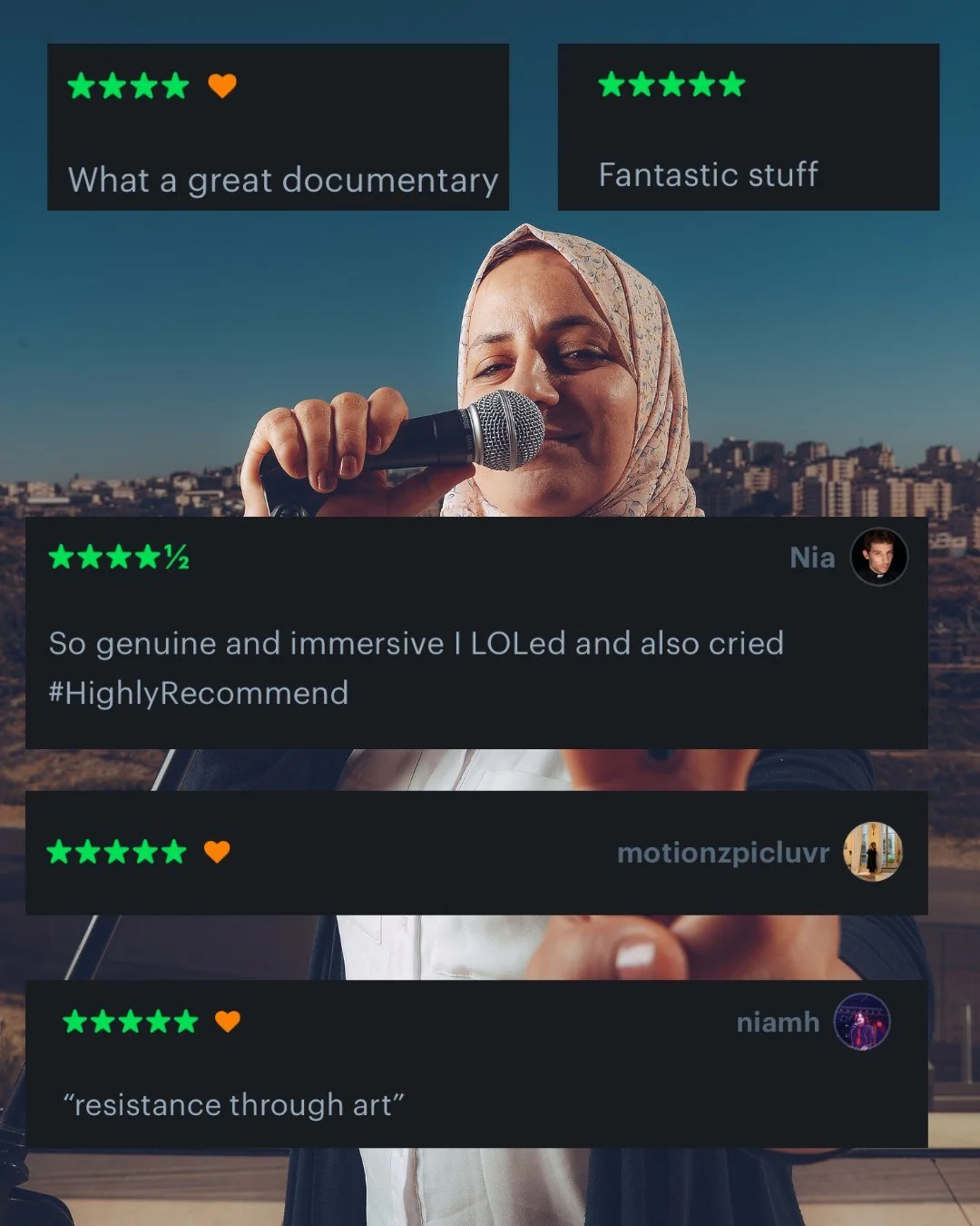 Thanks for all the @letterboxd reviews! 
We love reading everyone's thoughts on @palestinecomedyclub.film
Can't wait to see the next audiences in Plymouth (April 2nd), Edinburgh (April 5th), Falmouth (April 8th), Diss (April 18th), Glasgow (April 19t
