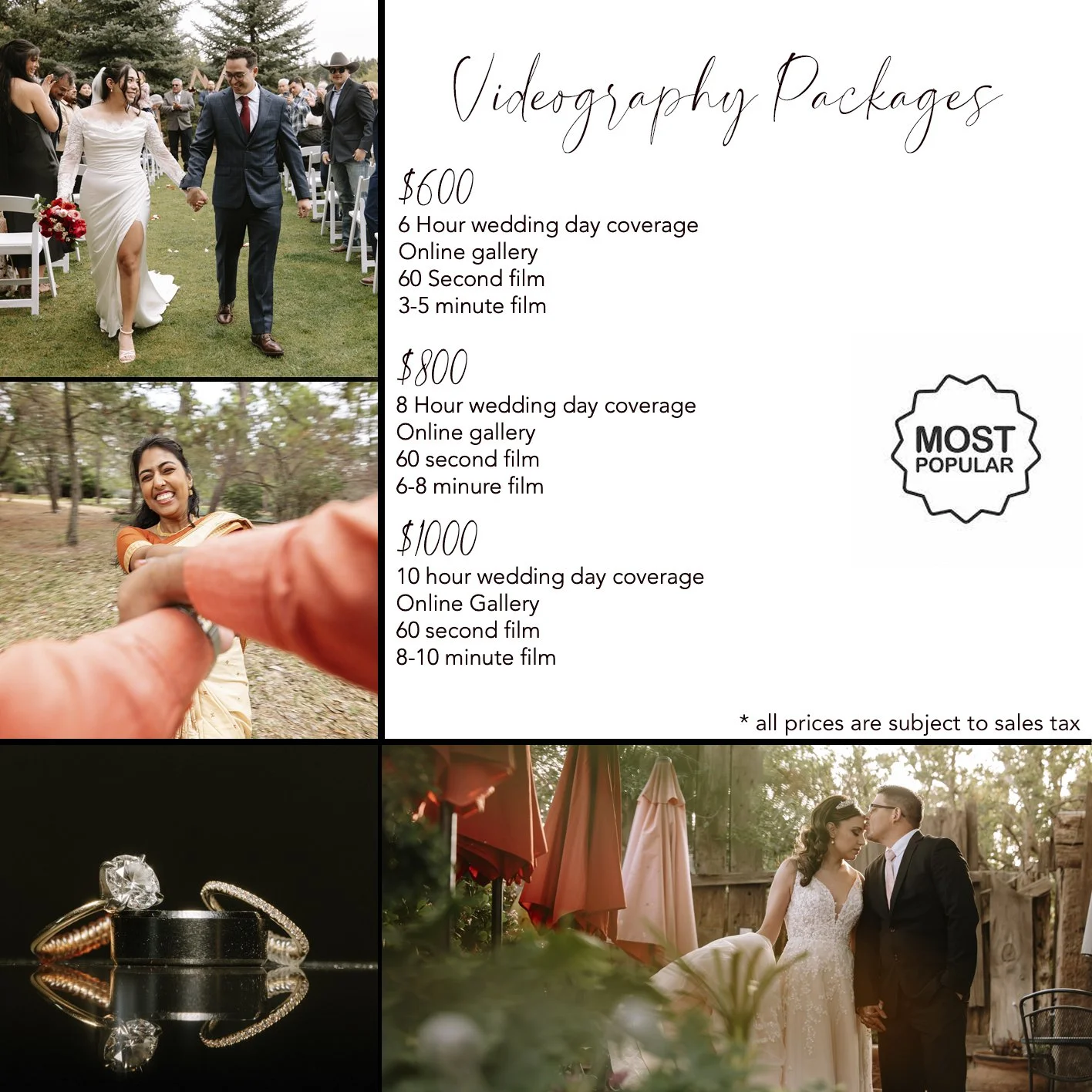 A promotional flyer for videography packages featuring photos of a wedding, rings, and a couple, with pricing details and package descriptions.