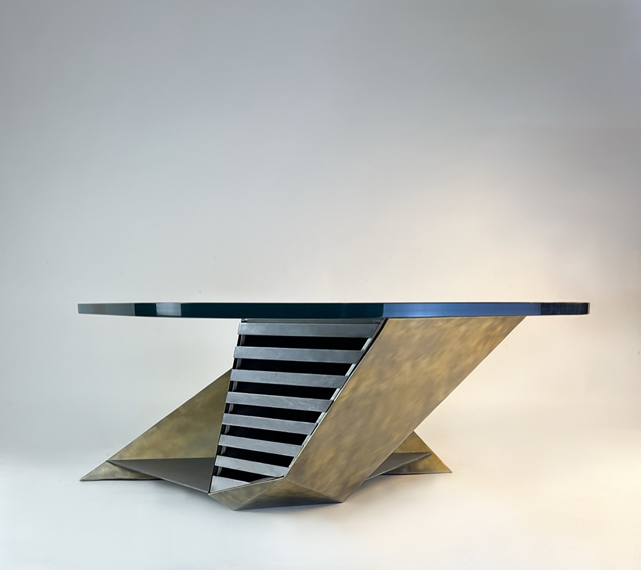 |Brushed Brass Plated Steel, Polished Steel, Brass, 3/4" Glass Top| 36" x 30" x 14"H