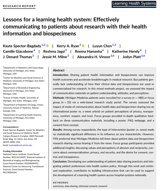 Lessons for a learning health system: Effectively communicating to patients about research with their health information and biospecimens