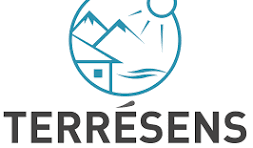 Logo de Terrésens avec une montagne, un soleil, une maison, et un lac, en style linéaire bleu.