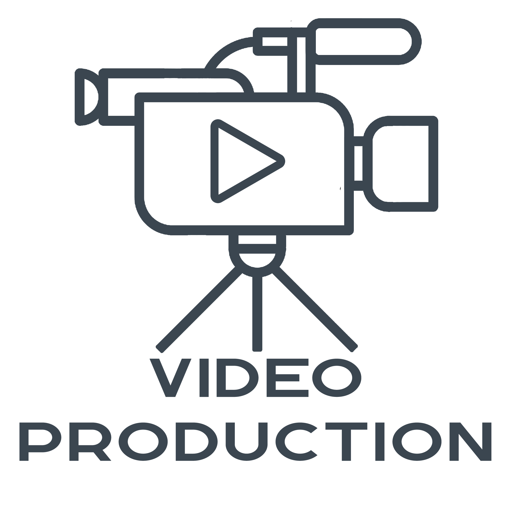 Illustration of a video camera on a tripod with the words "Video Production" underneath.