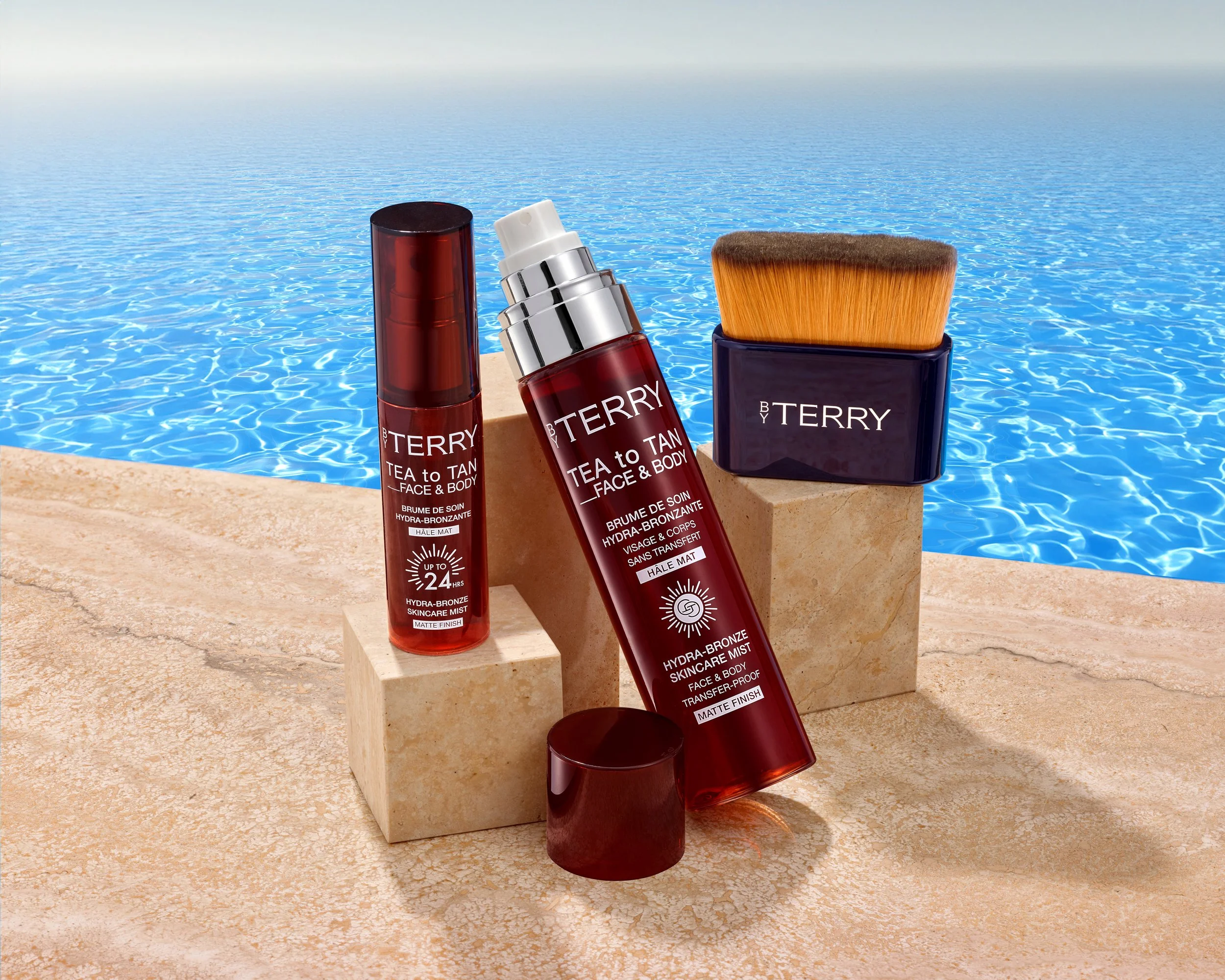 cosmetics next to pool side with summer lighting and water ripples