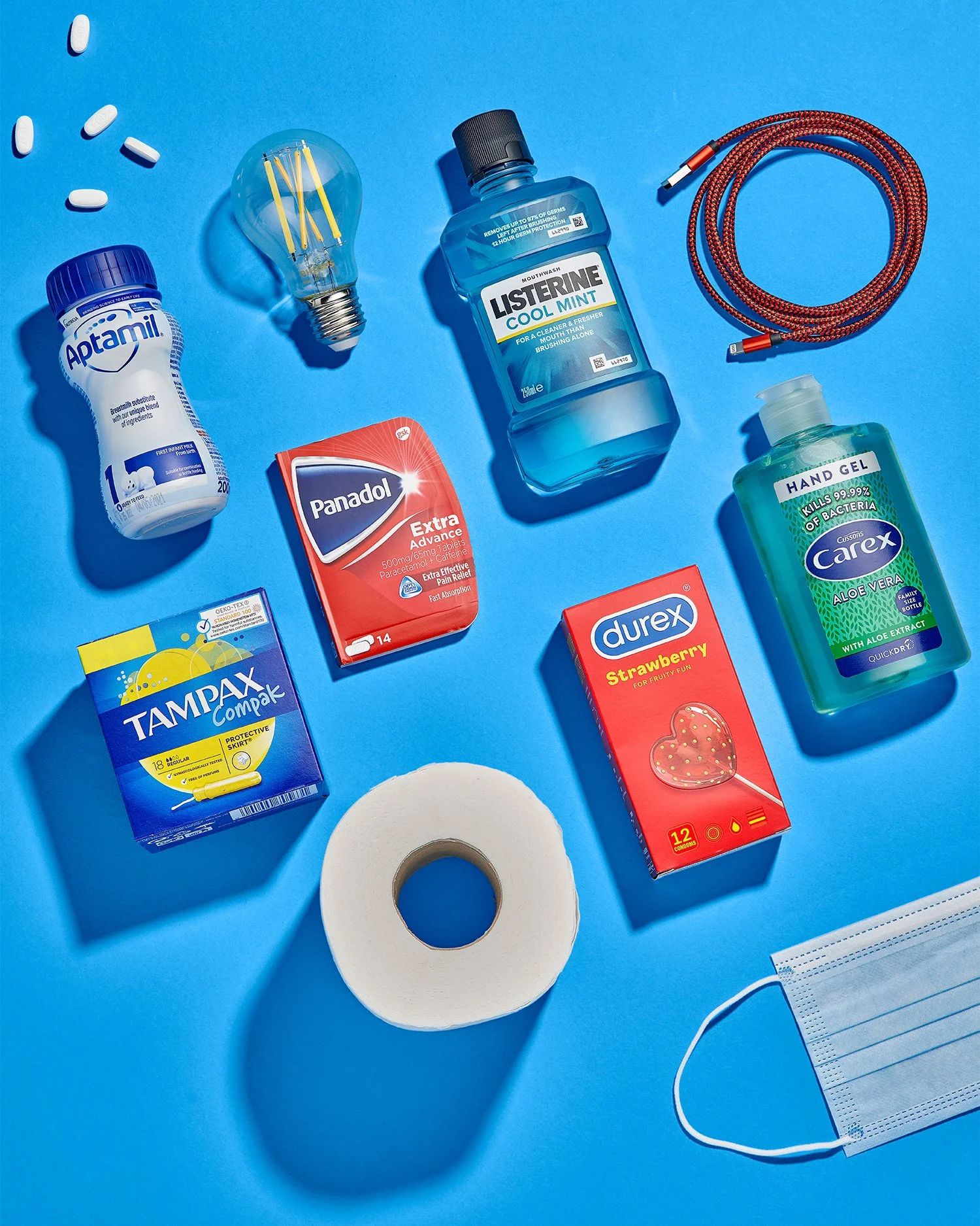 premium advertising packshot. A array of cosmetics and beauty items shot overhead by Chris Howlett
