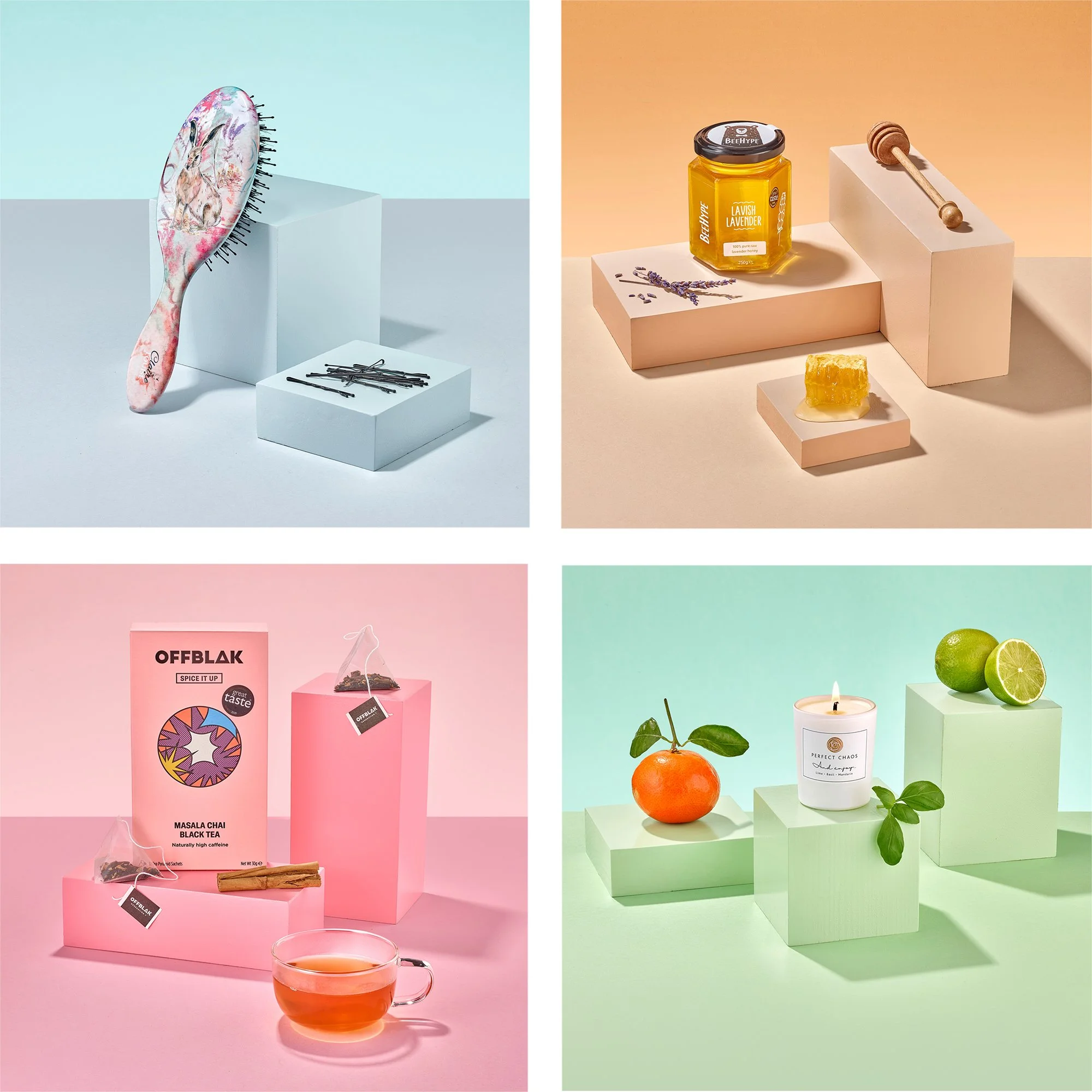 set of 4 colourful product packshot photography with household items next to plinth 