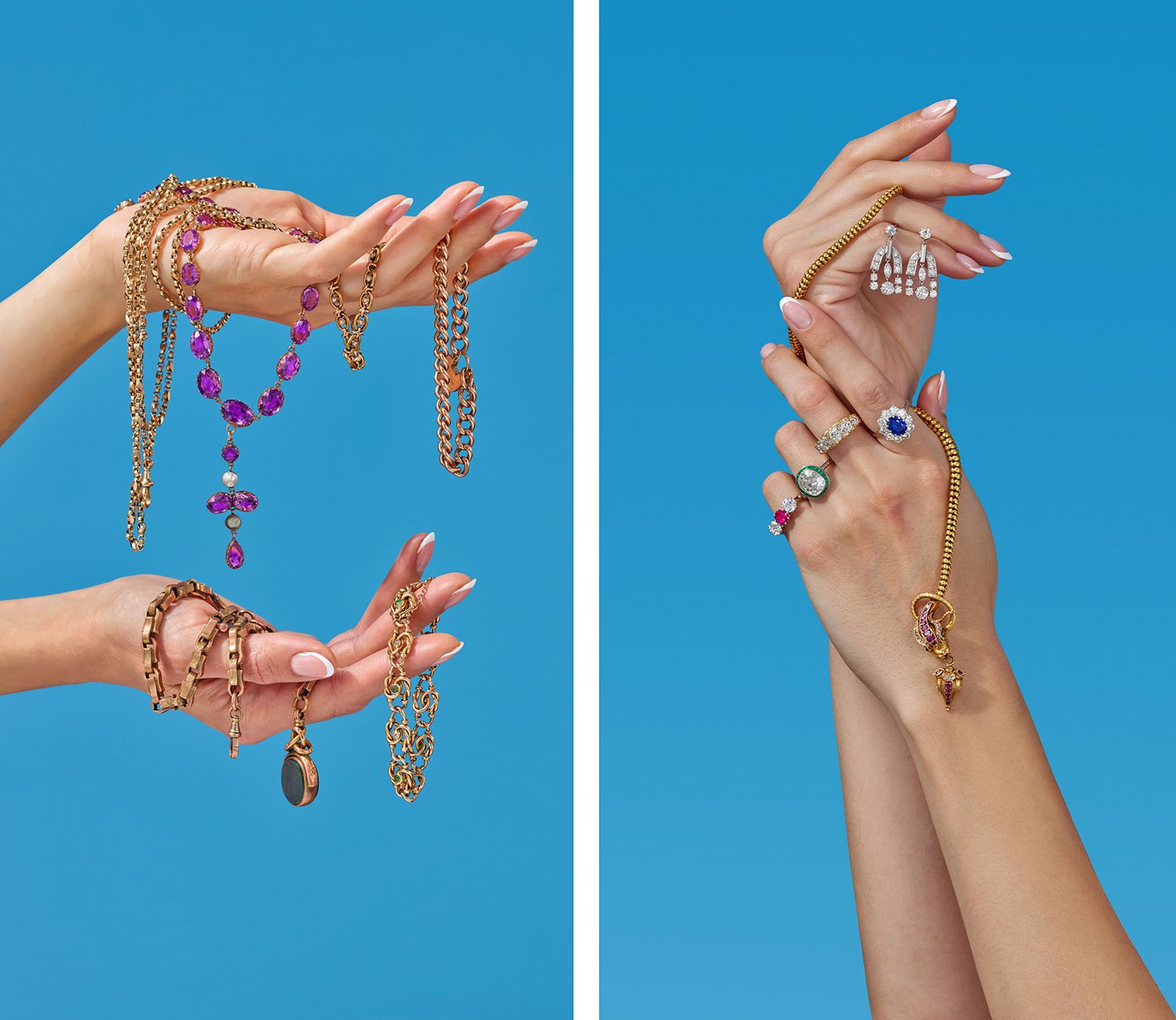 a collection of gold jewellery hangs and is wrapped around hand model against blue