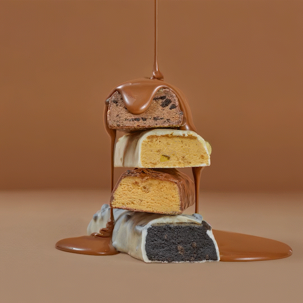 food photography with motion chocolate pours over biscuits