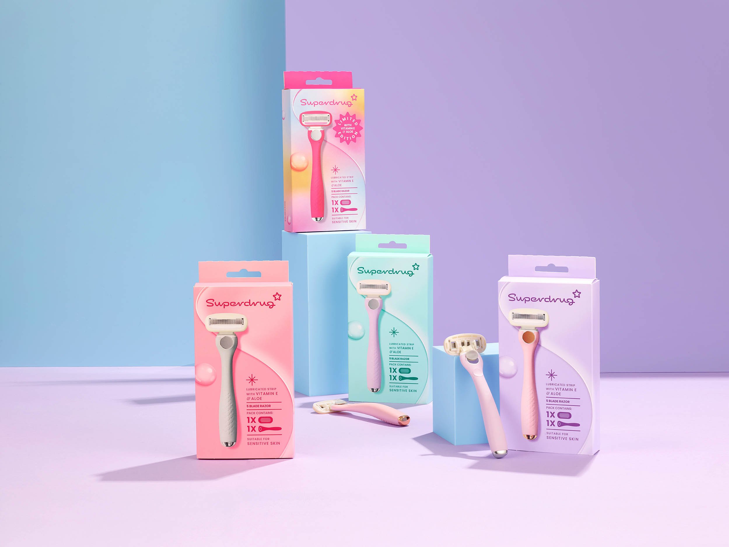 creative still life cosmetic products placed against blocks and plinths with pastel colours