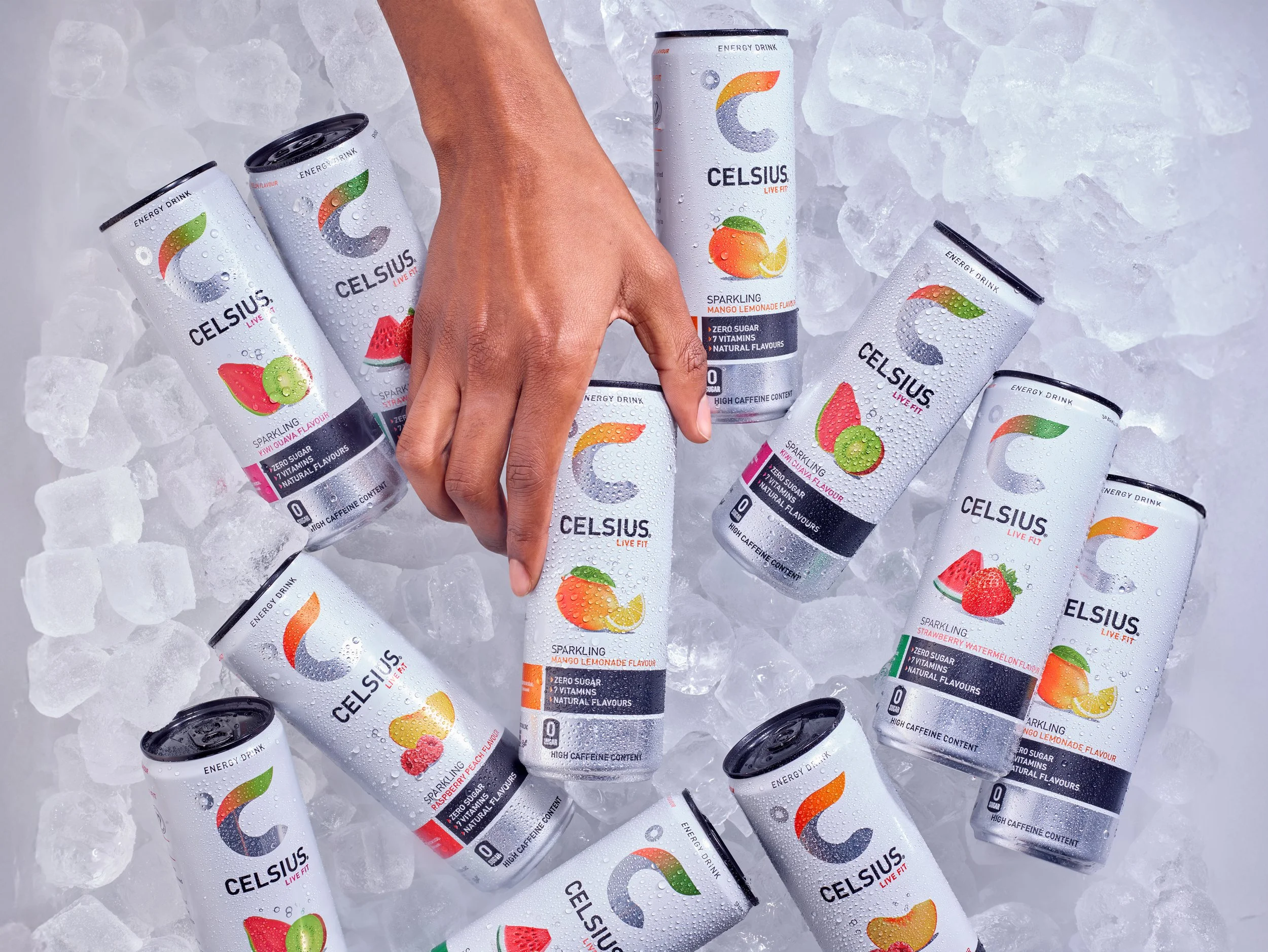 shot overhead of group of drinks cans surrounded by ice