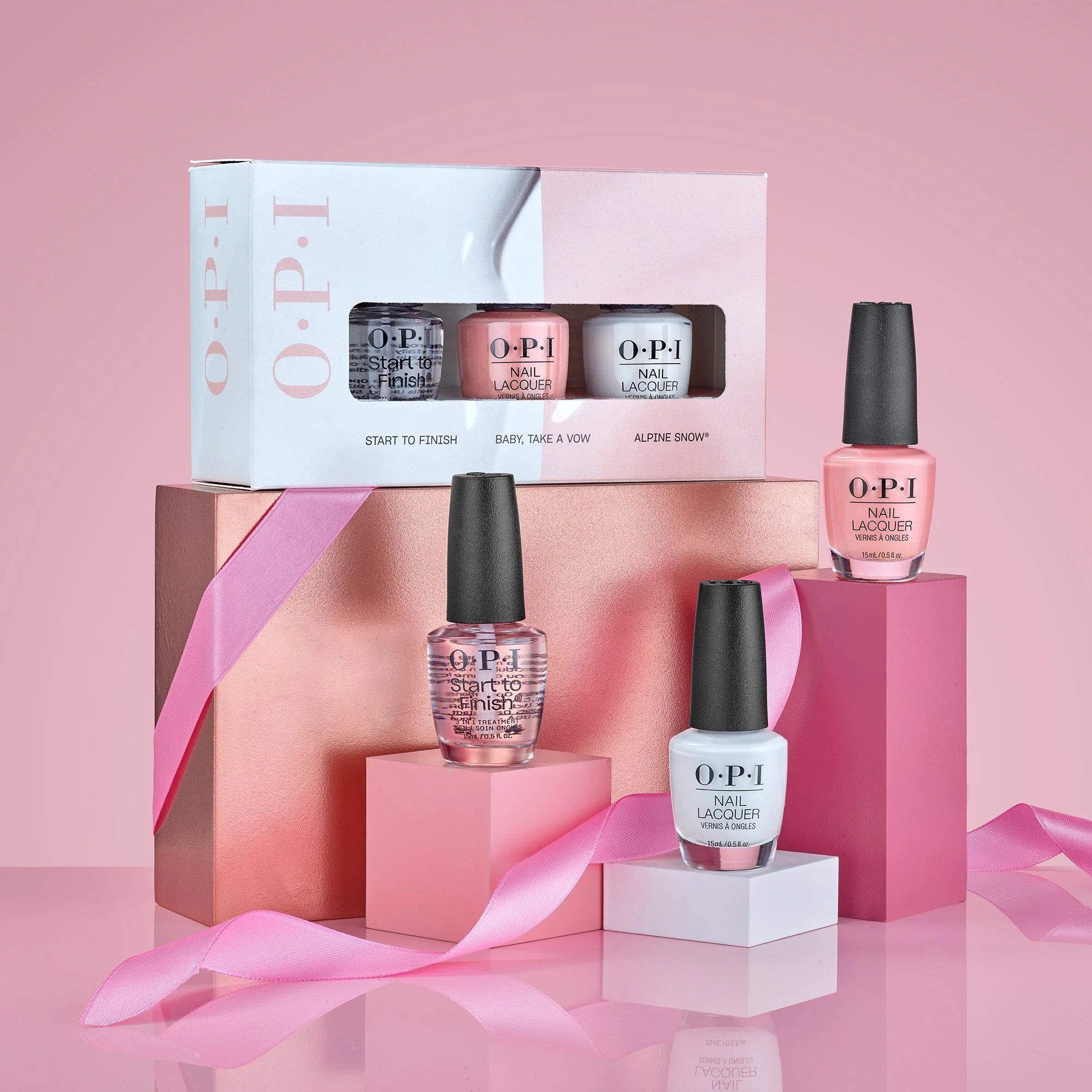 Beauty product packshot photography OPi Nails in gift set box on plinths with ribbon