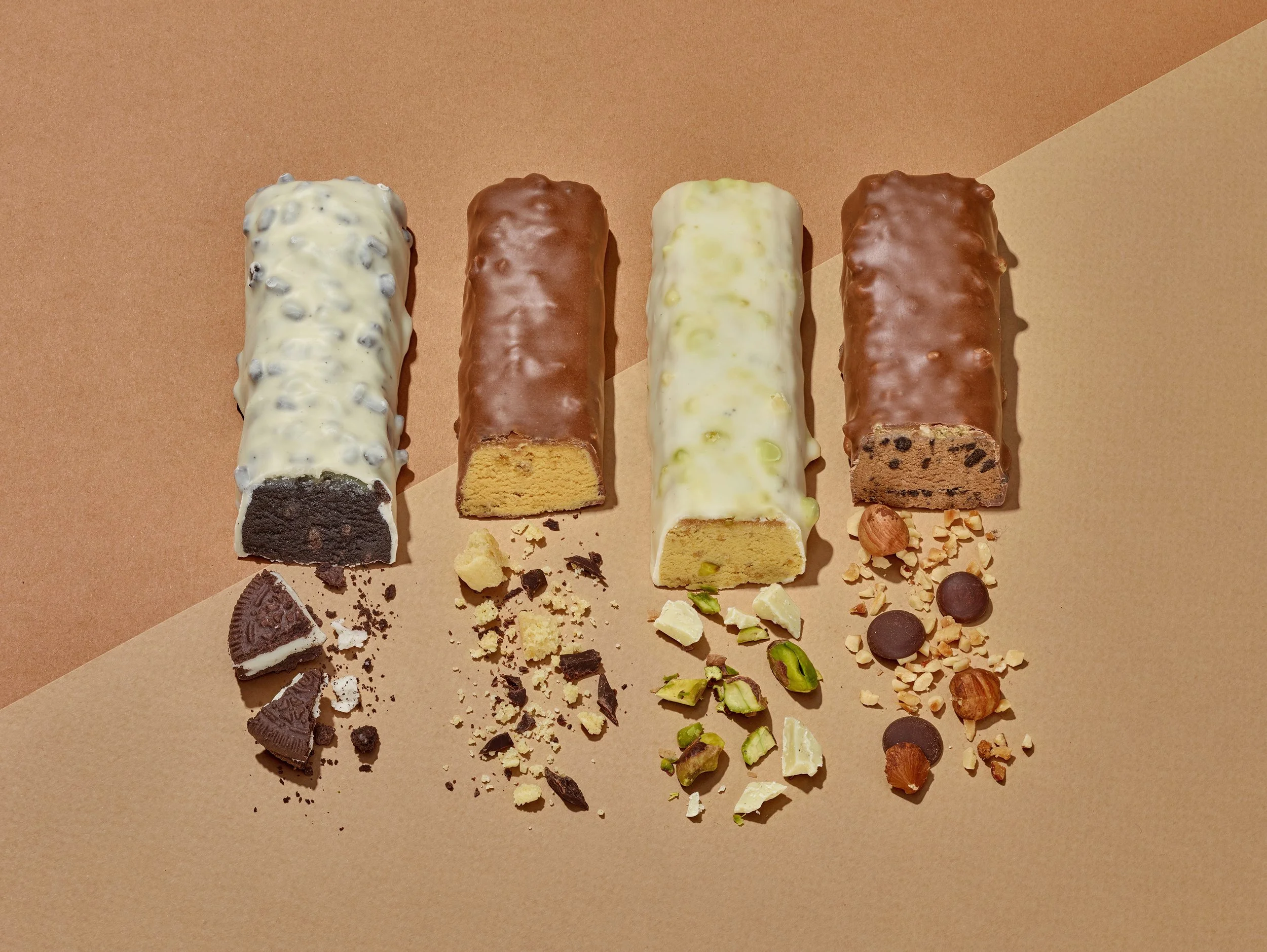 food product packaging  still life chocolate bars deconstructed with crumbs