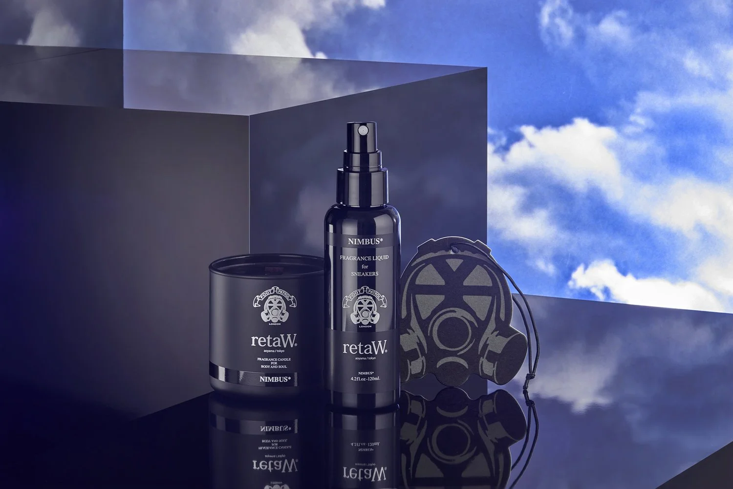 Premium still life products with sky backgound and black boxes