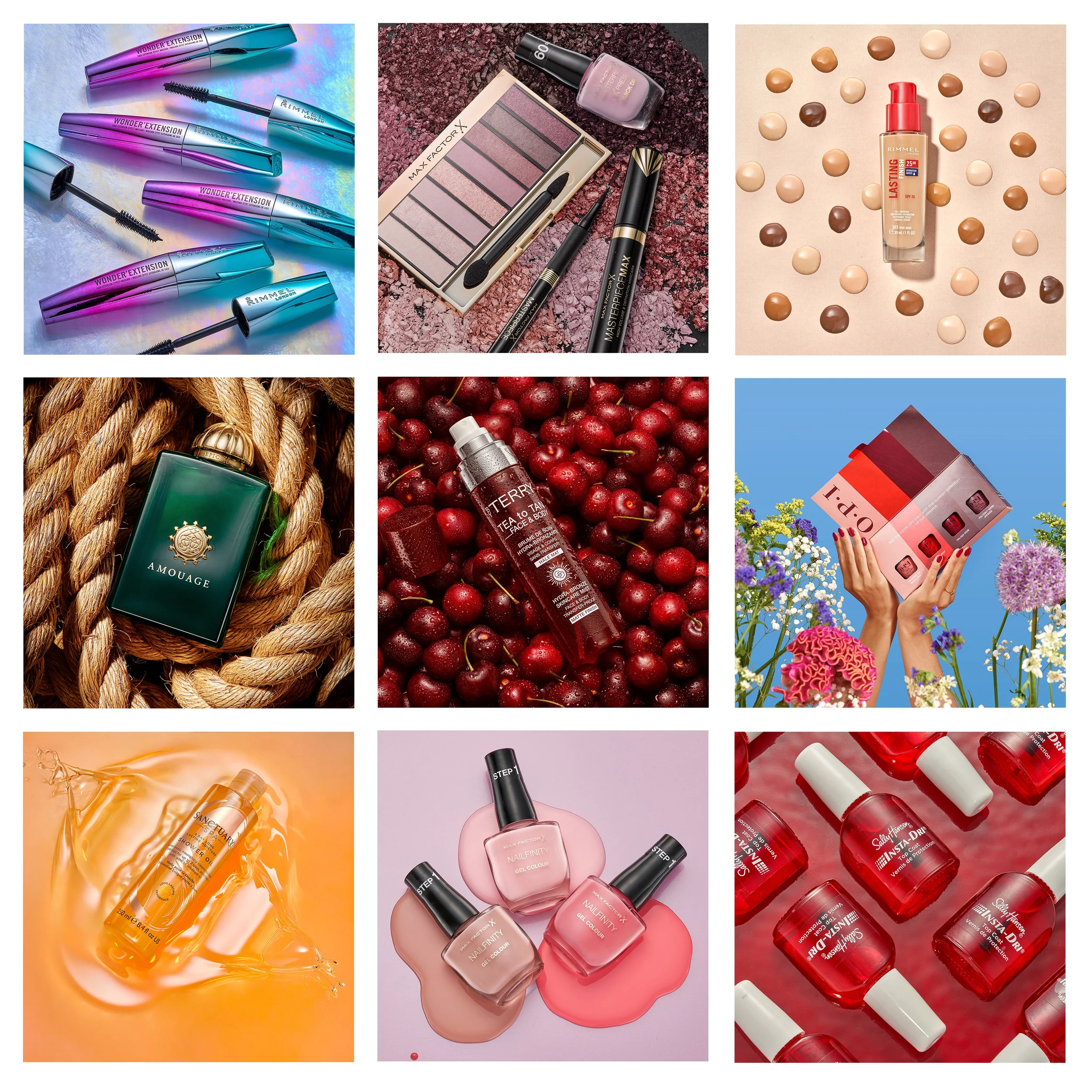collection 9 different cosmetic and fragrances photography in a grid formation