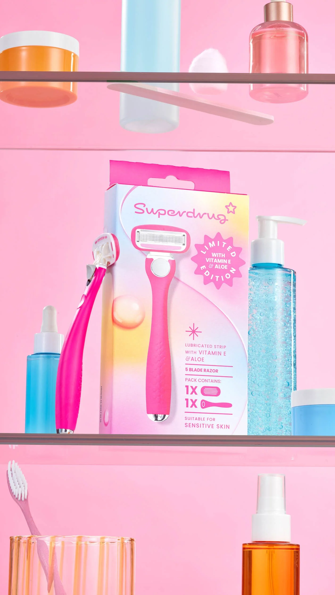 pink cosmetic product sits in the middle of screative still def bathroom setup