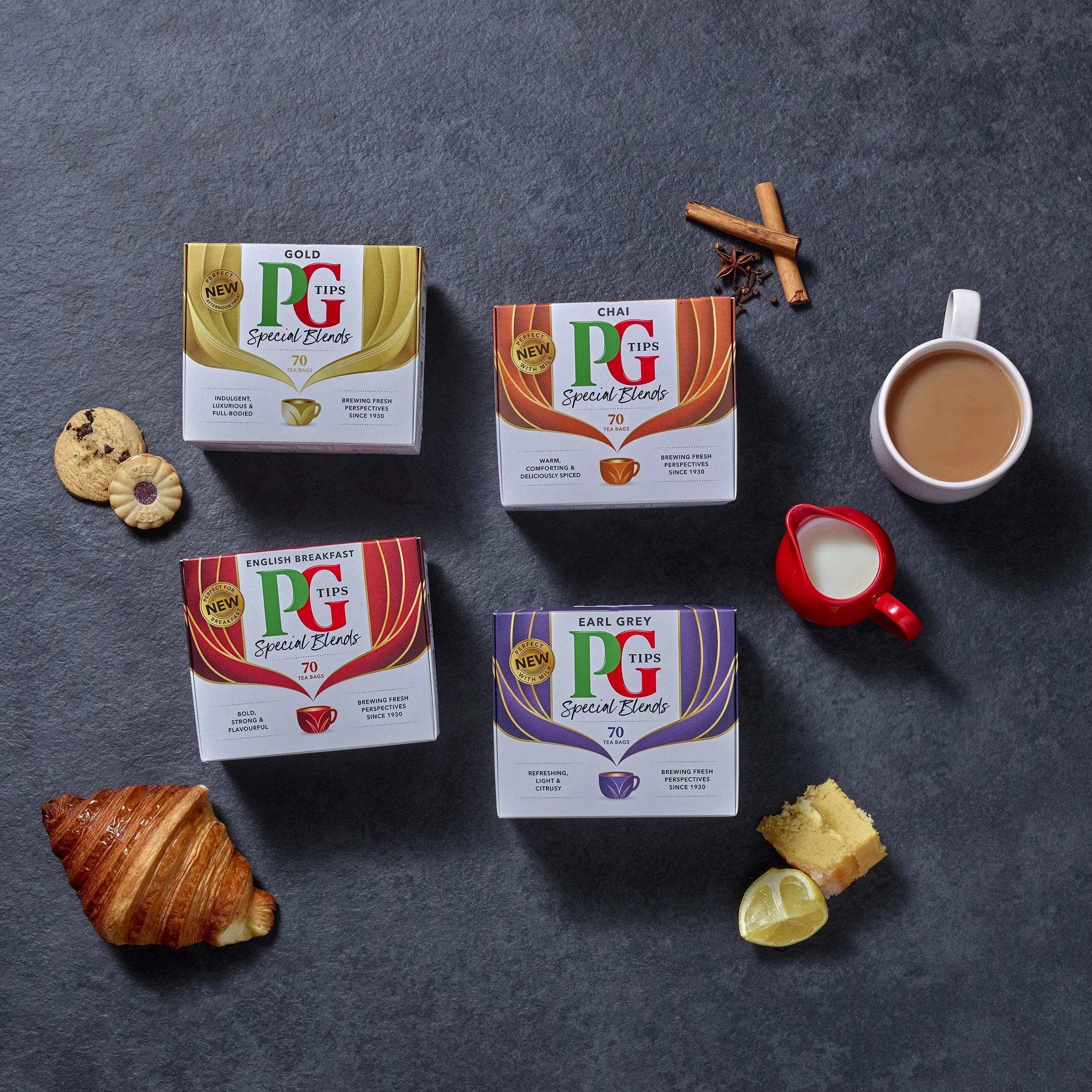PG tips product  packaging food and drink photography. Boxes of tea with breakfast items