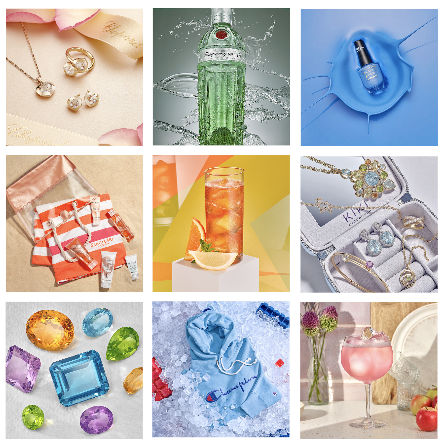 High-end still life photography collection of cosmetics food drinks jewellery products by Chris Howlett, London