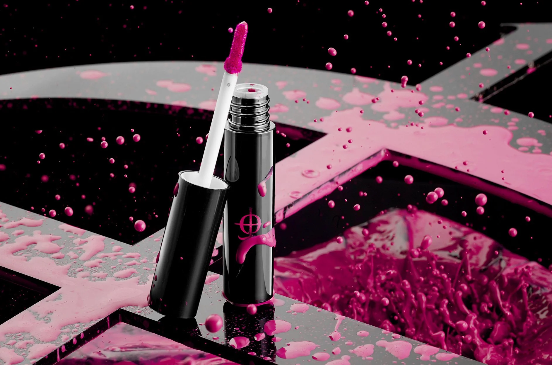 creative product images with liquid splash in background and cosmetic product in the the forground