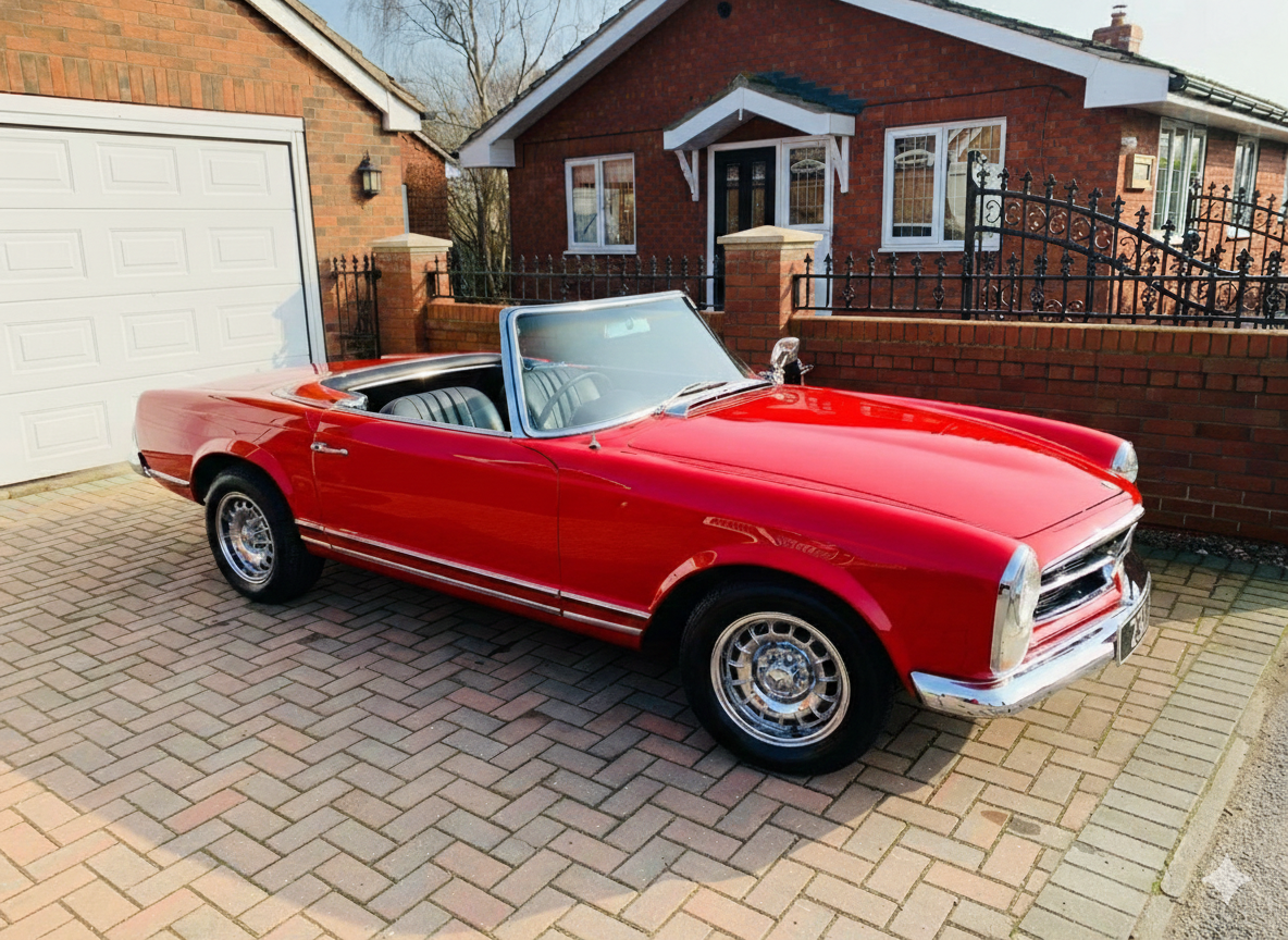 A classic red convertible car parked on a brick driveway in front of a house with a brick wall and black metal fence. The house has white window frames and a garage door.