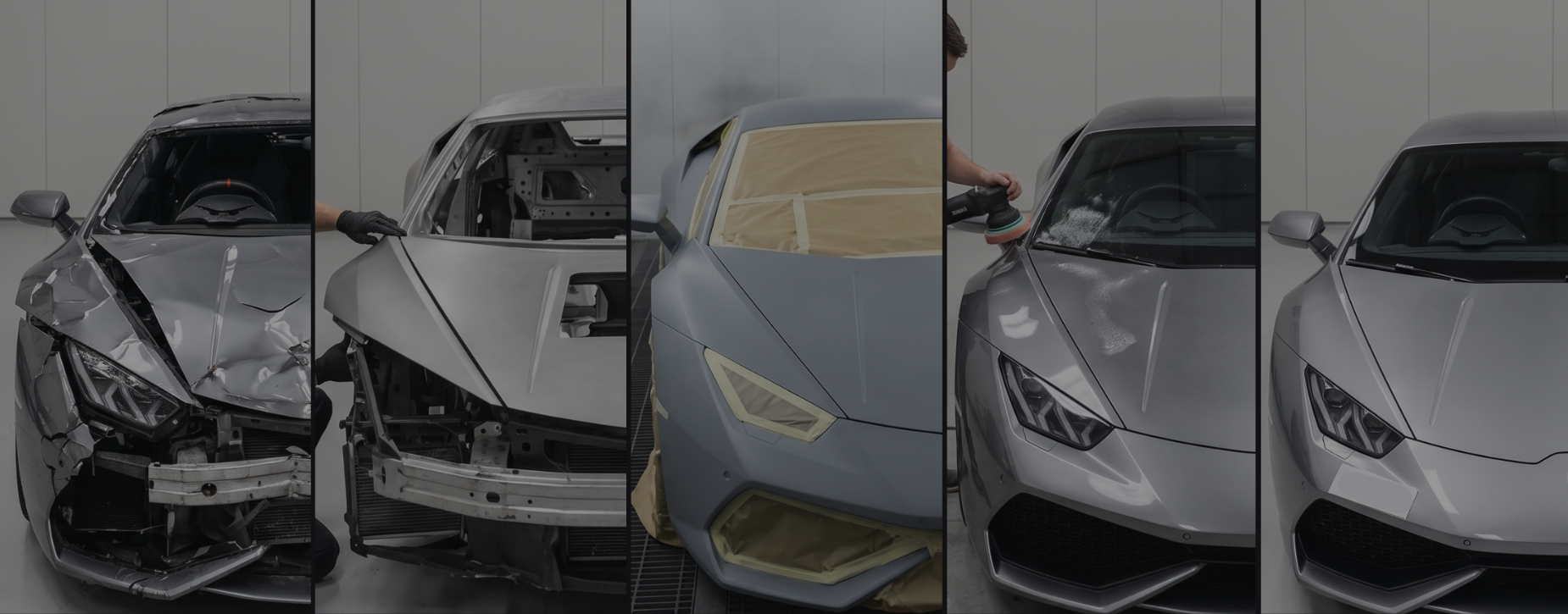 Sequence of a silver sports car being repaired: initial damage, disassembly, pre-paint prep, painting, and finished repaired car.