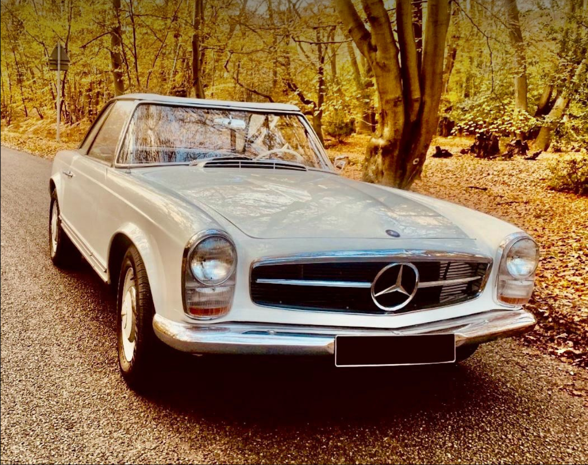 A vintage white Mercedes-Benz car parked on a paved road in a forest with autumn foliage.