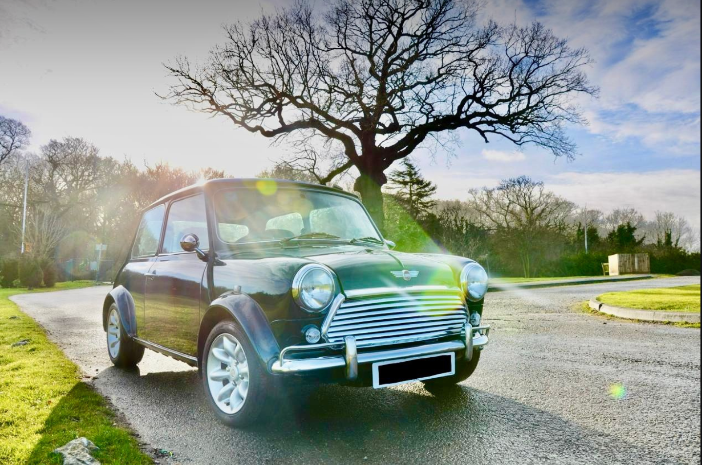 A black vintage Mini Cooper car parked on a paved street with a grassy edge, a large leafless tree in the background, and a partly cloudy sky with sunlight creating lens flare.