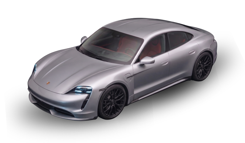 Gray electric sports car with sleek design and black wheels, viewed from an overhead angle against a black background.