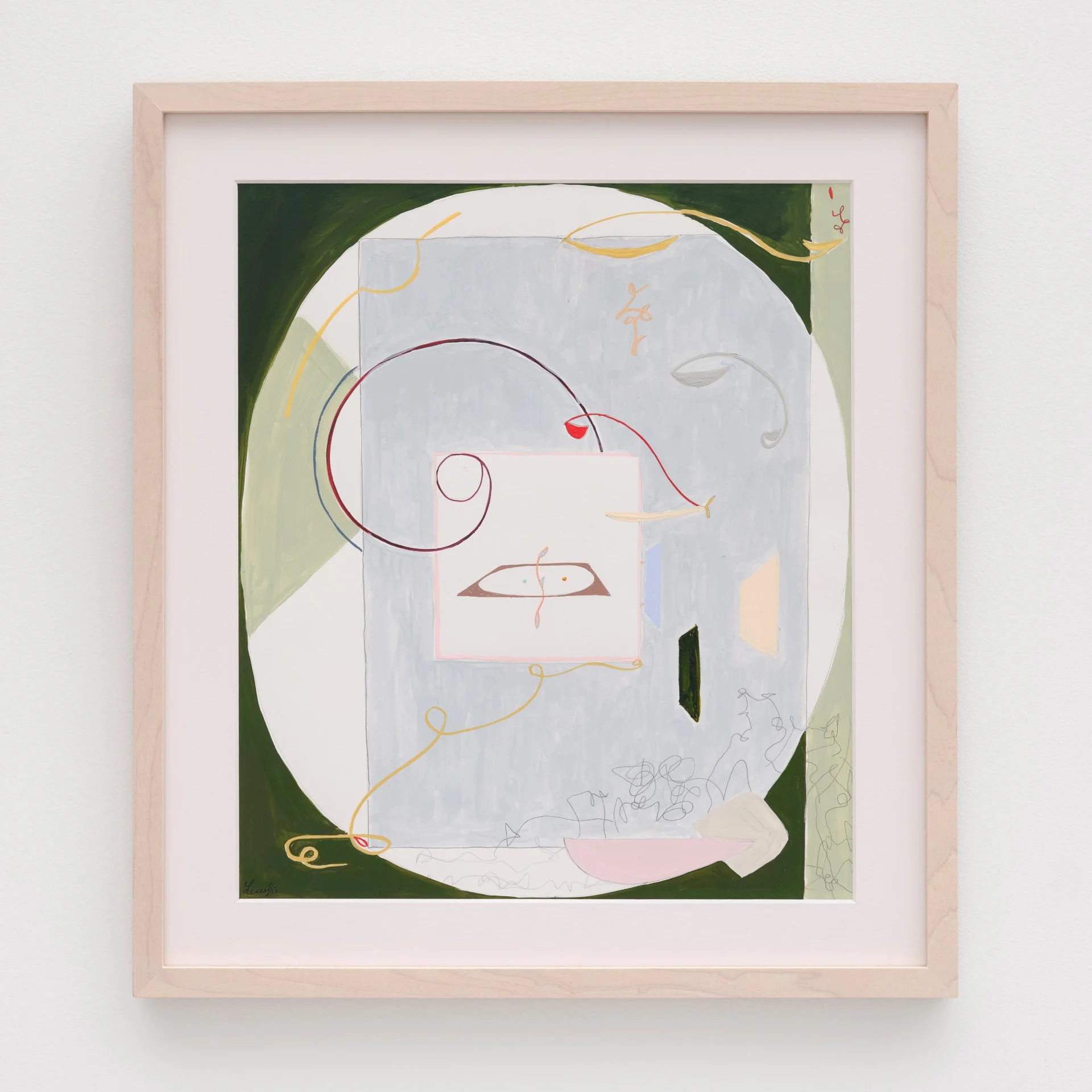 Abstract artwork with various intertwined lines and shapes in red, yellow, green, gray, and black, framed in light wood