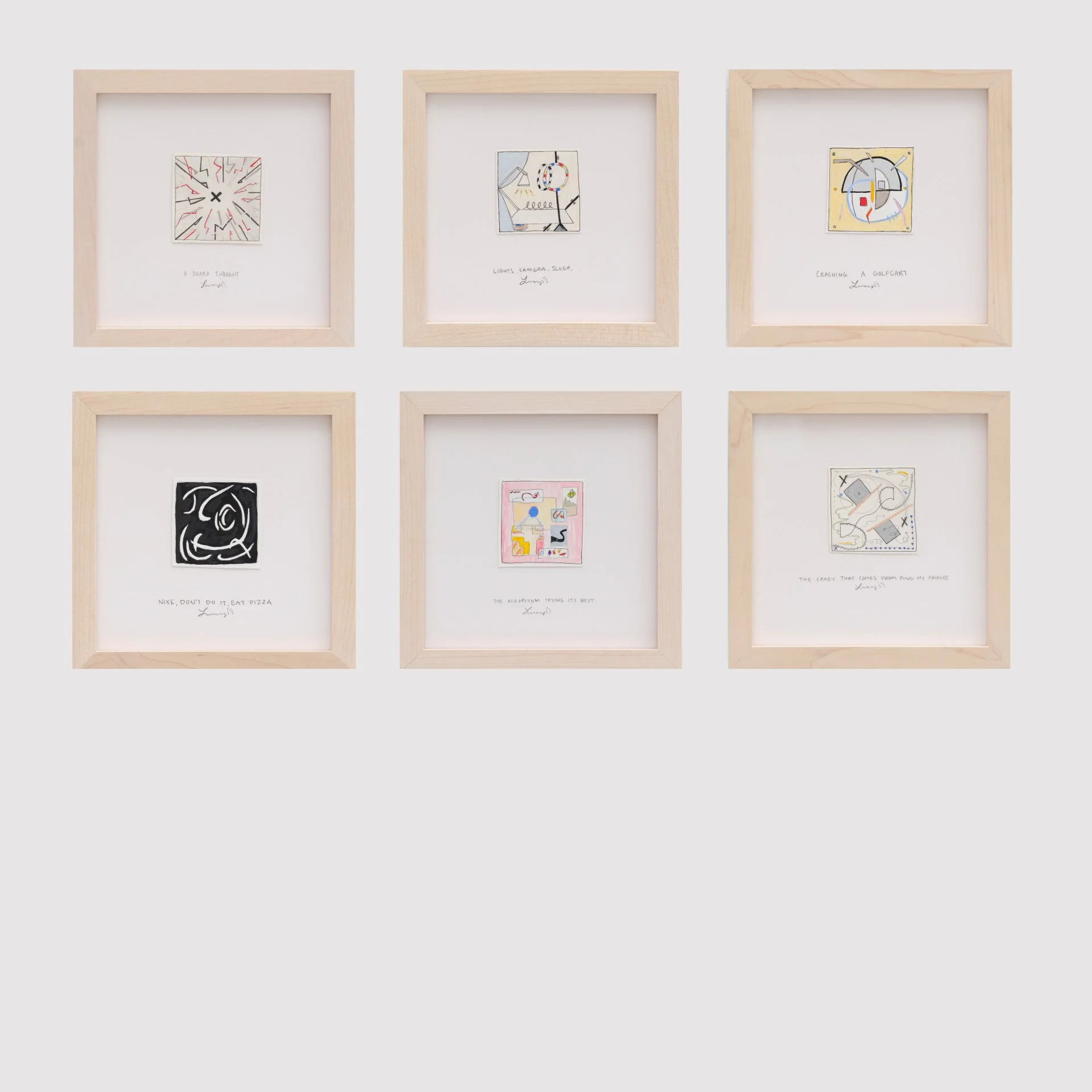 Six framed abstract art pieces arranged on a white wall, three on the top row and three on the bottom, each with handwritten captions beneath.