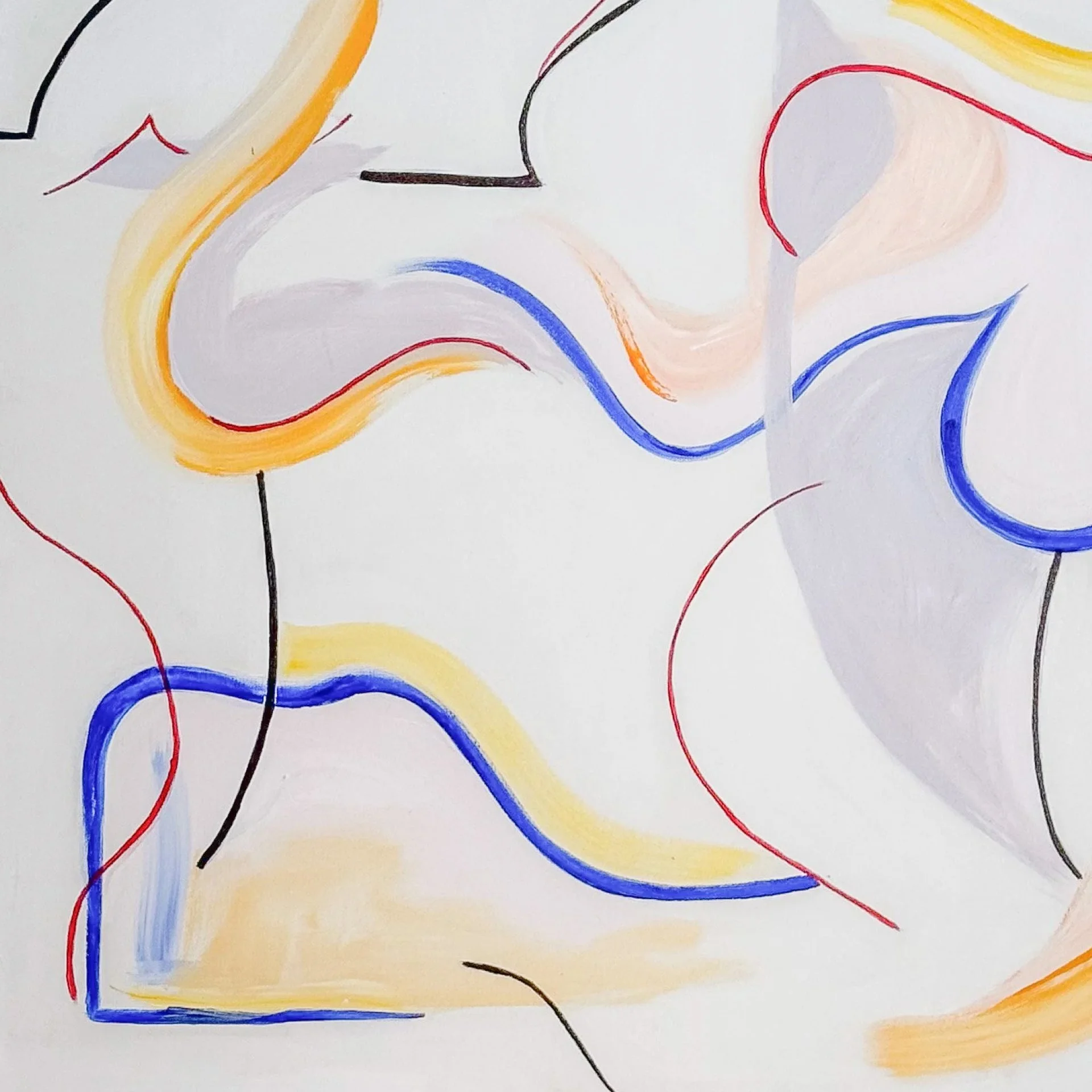 Abstract colorful drawing with curved lines in black, red, blue, yellow, and orange on white paper.