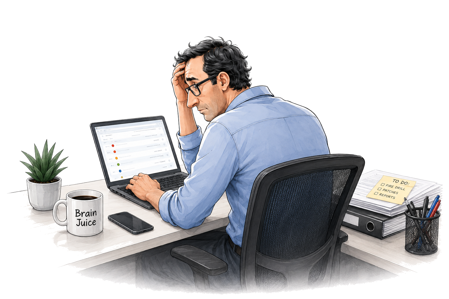 Stressed technology manager working at a desk