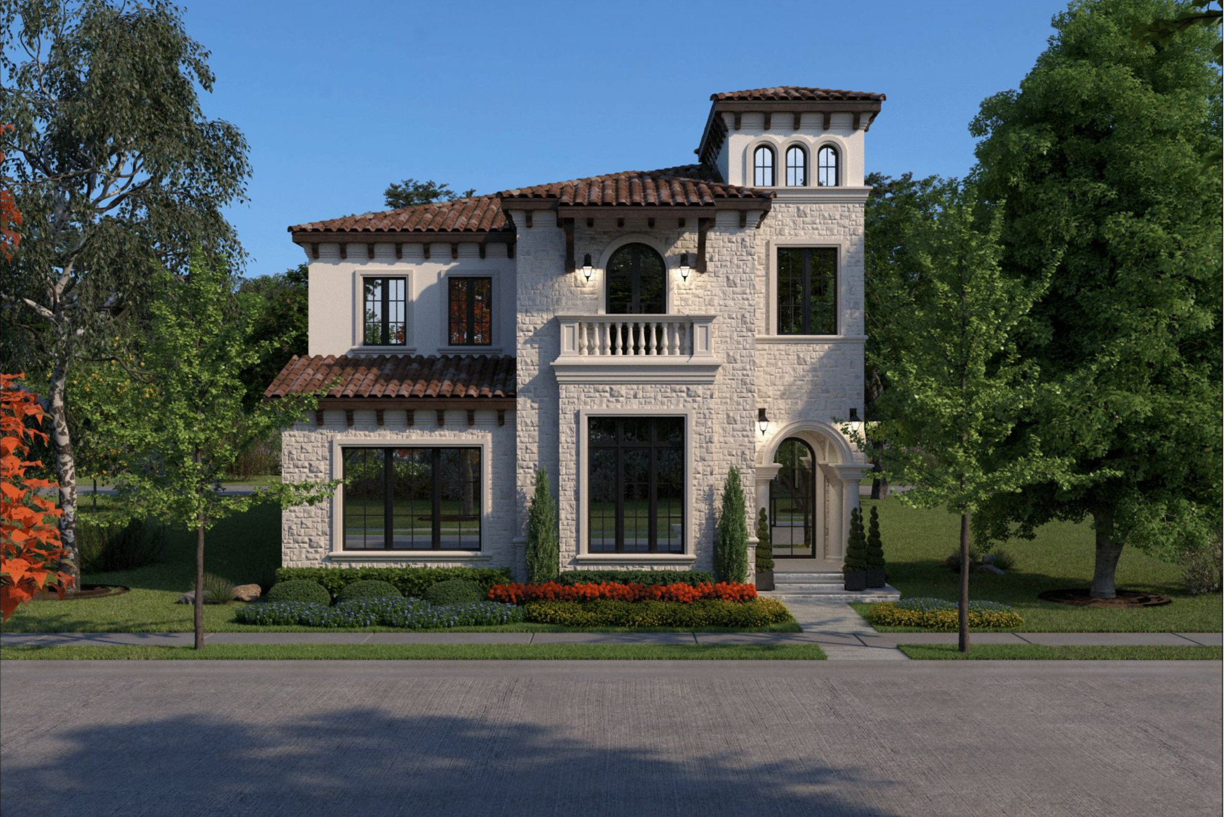 Architectural rendering of a luxury custom home in Carillon Parc, Southlake, TX, by WillowTree Custom Homes.